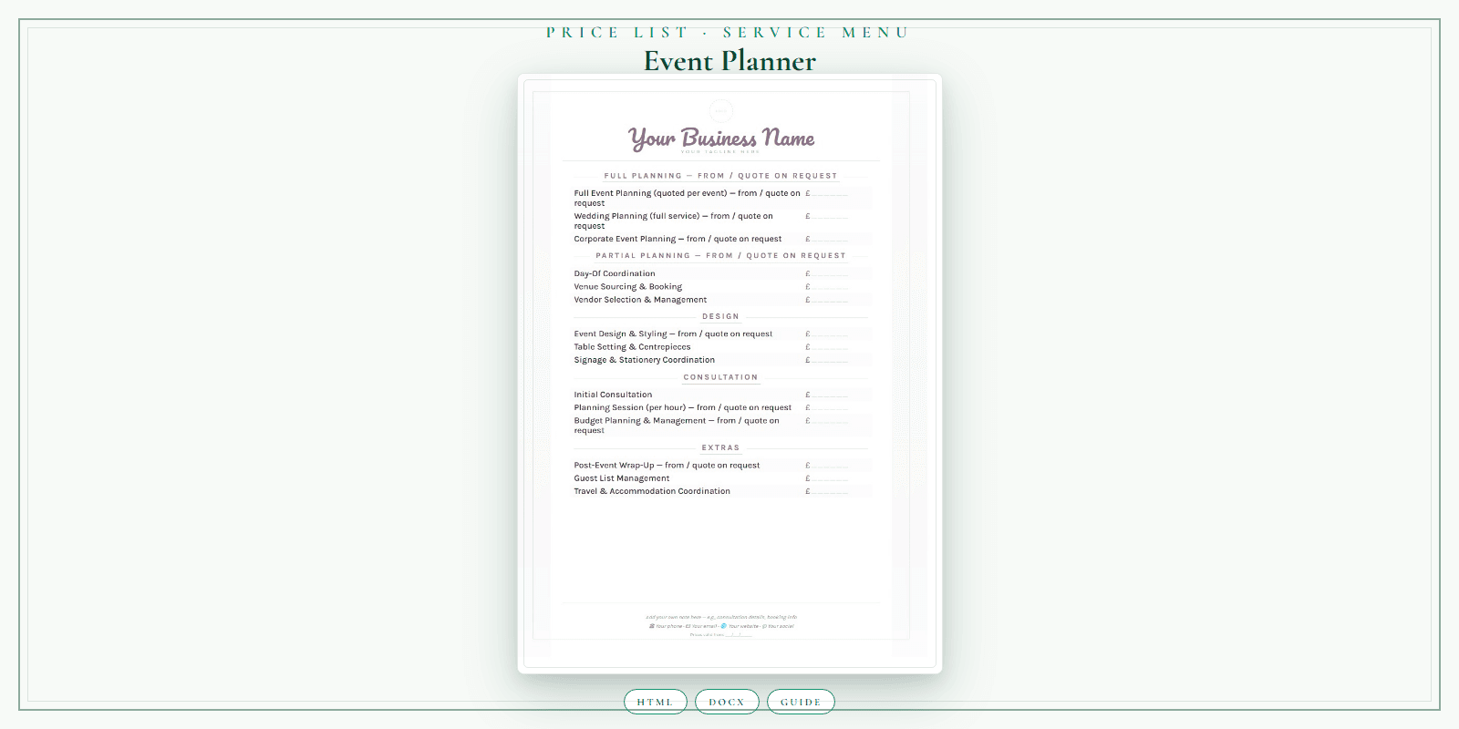 Event Planner — Price List & Service Menu, PDF product overview