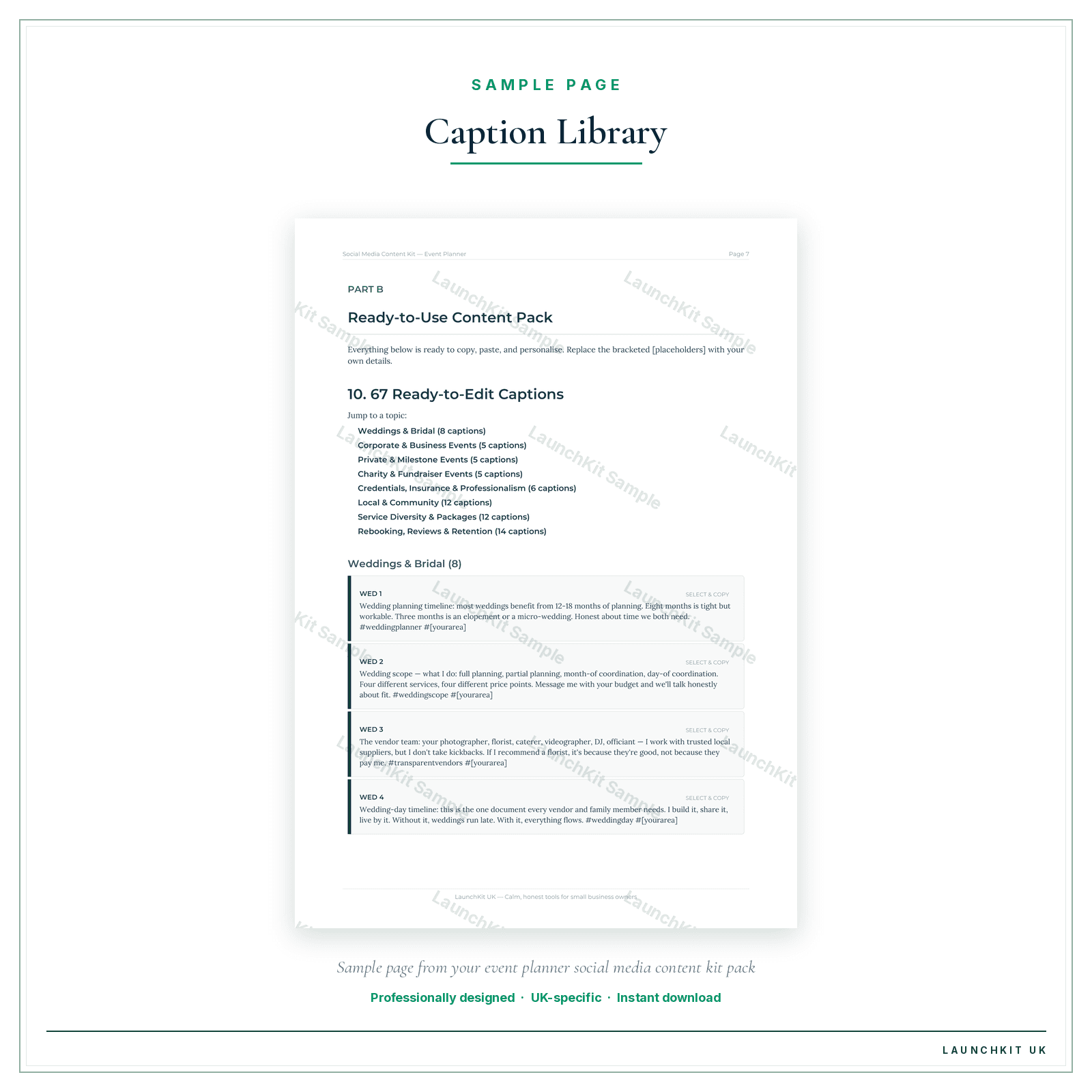 Caption Library sample page from the Event Planner Social Media Content Kit pack — watermarked LaunchKit Sample