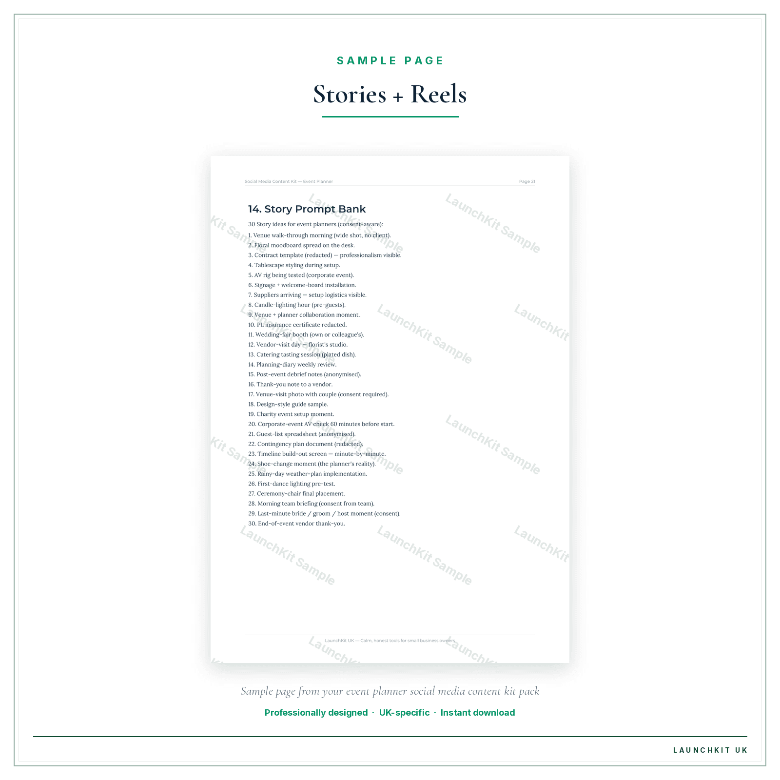 Stories + Reels sample page from the Event Planner Social Media Content Kit pack — watermarked LaunchKit Sample