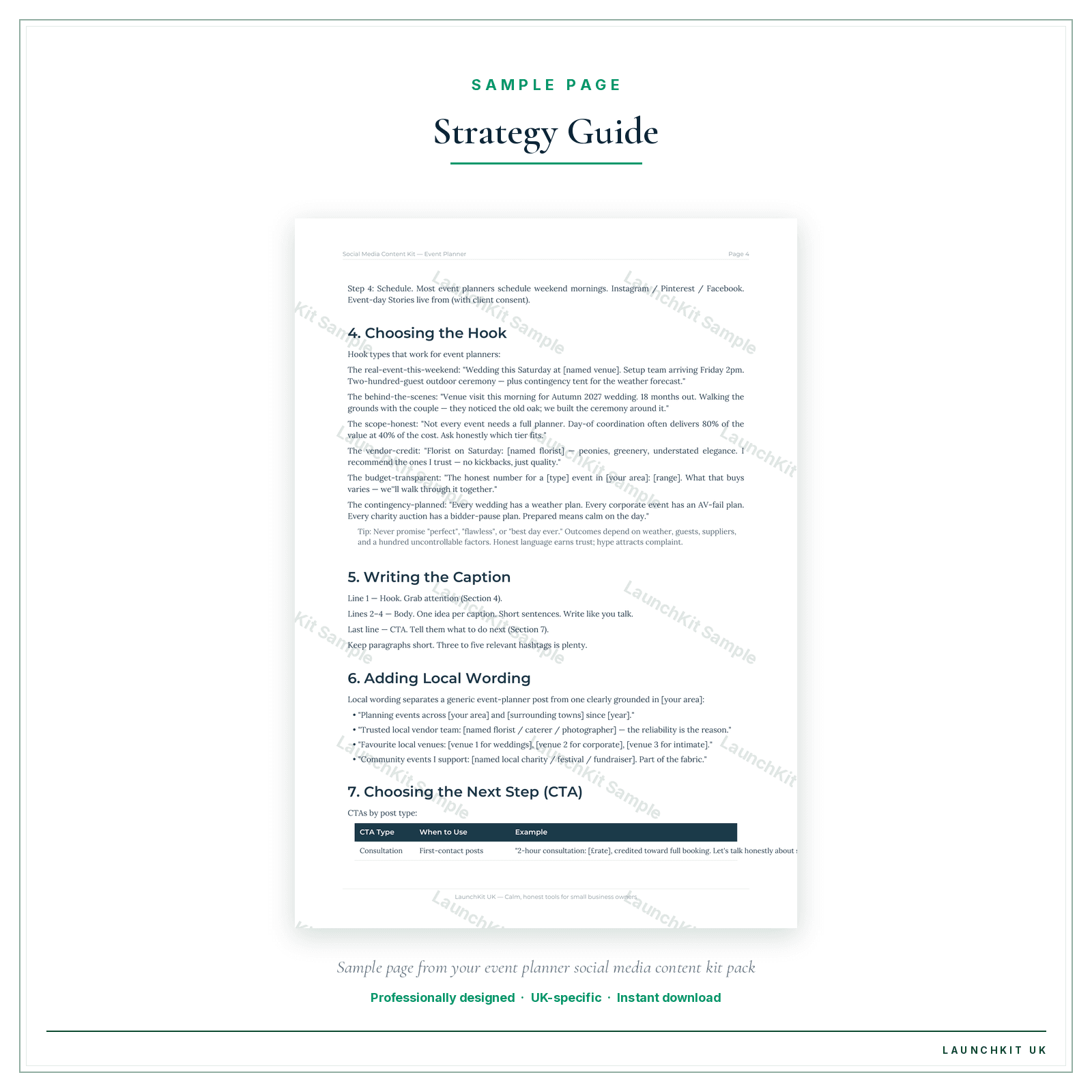 Strategy Guide sample page from the Event Planner Social Media Content Kit pack — watermarked LaunchKit Sample