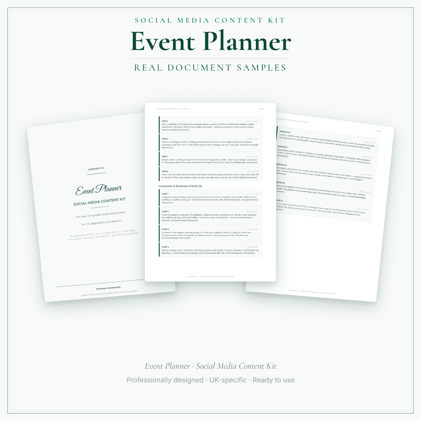 Social Media Content Kit — sample document pages