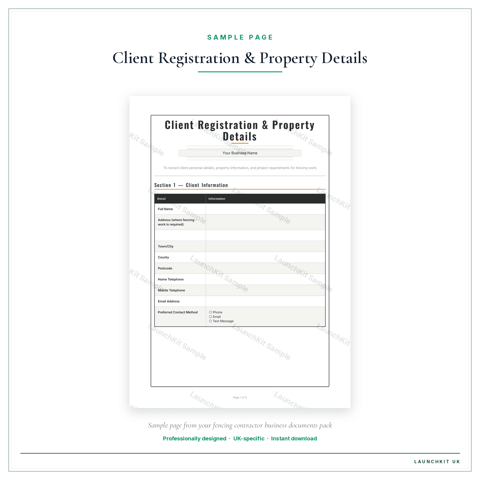 Client Registration & Property Details sample page from the Fencing Contractor Business Documents — Premium pack — watermarked LaunchKit Sample