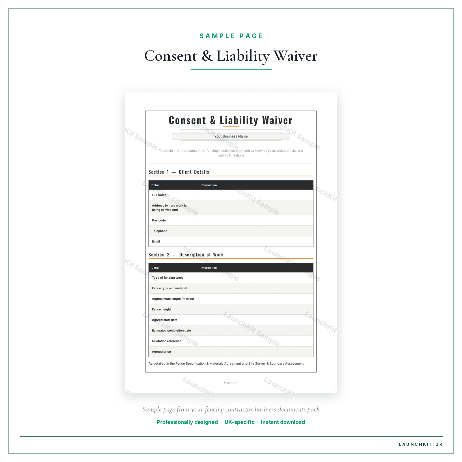 Consent & Liability Waiver sample page from the Fencing Contractor Business Documents — Premium pack — watermarked LaunchKit Sample