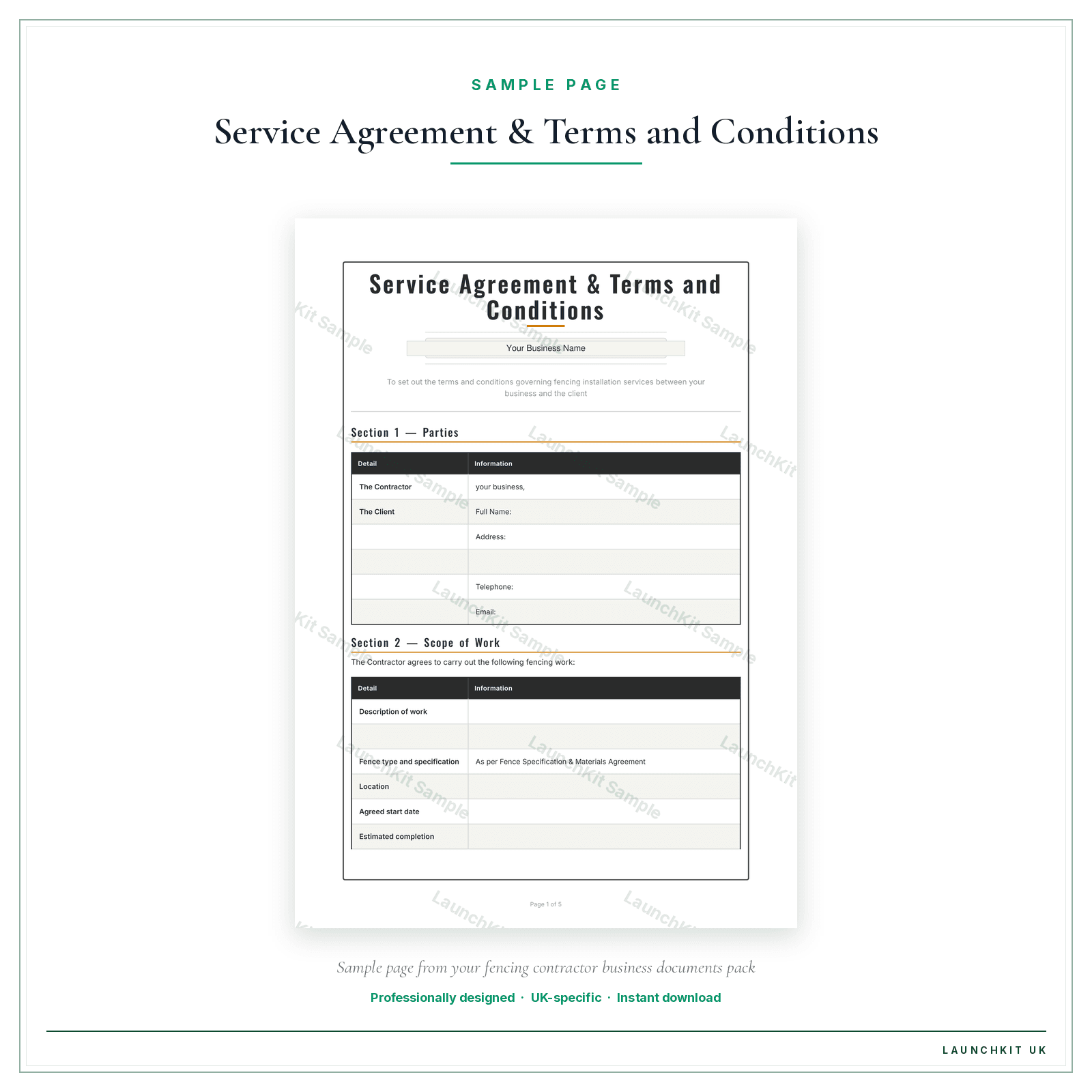Service Agreement & Terms and Conditions sample page from the Fencing Contractor Business Documents — Premium pack — watermarked LaunchKit Sample