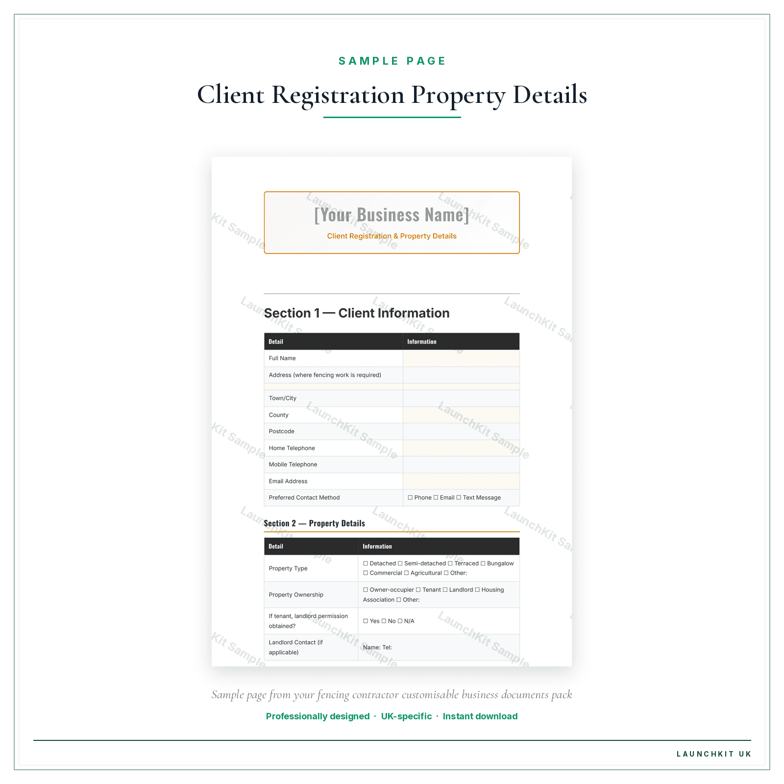 Client Registration & Property Details sample page from the Fencing Contractor Business Documents — Customisable pack — watermarked LaunchKit Sample