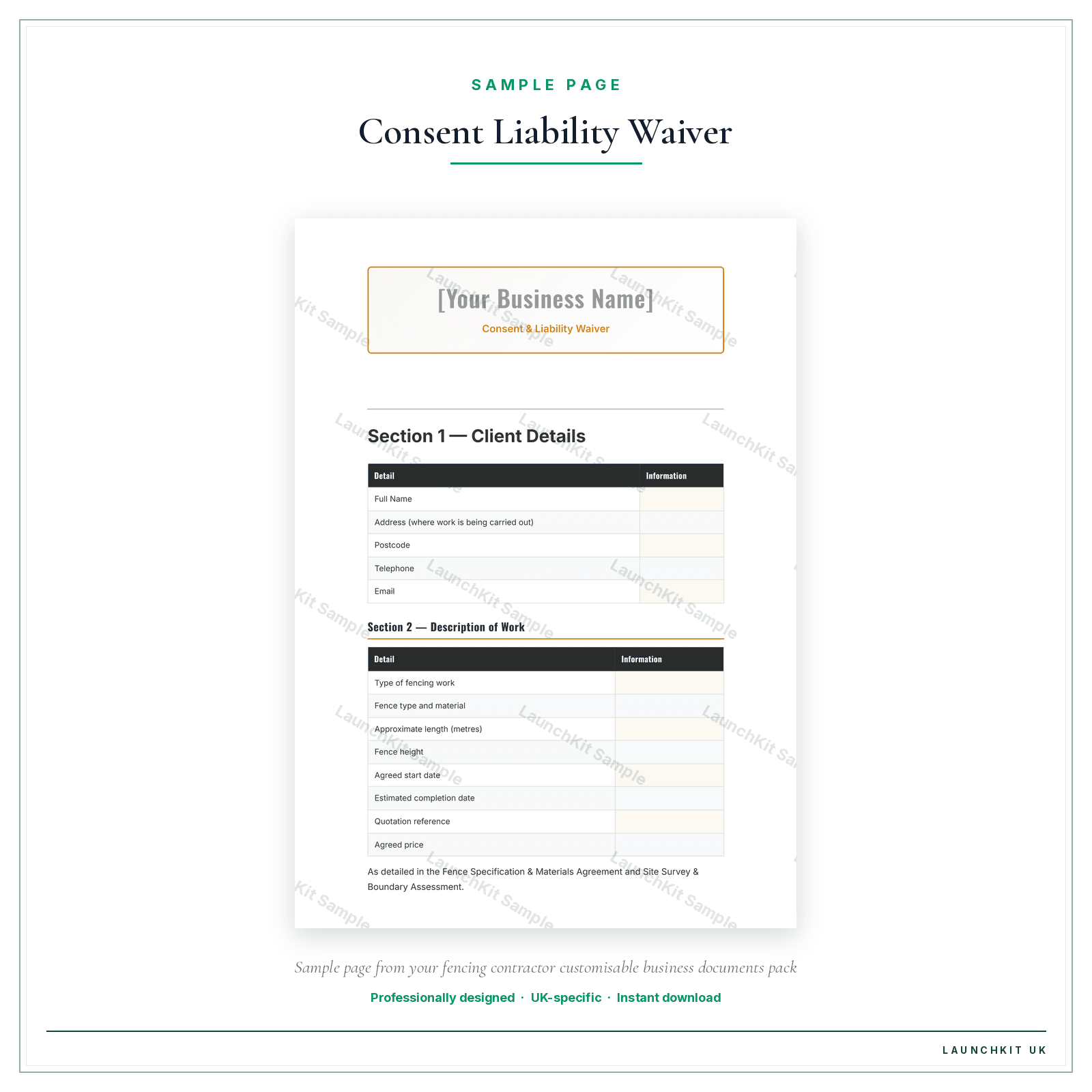 Consent & Liability Waiver sample page from the Fencing Contractor Business Documents — Customisable pack — watermarked LaunchKit Sample