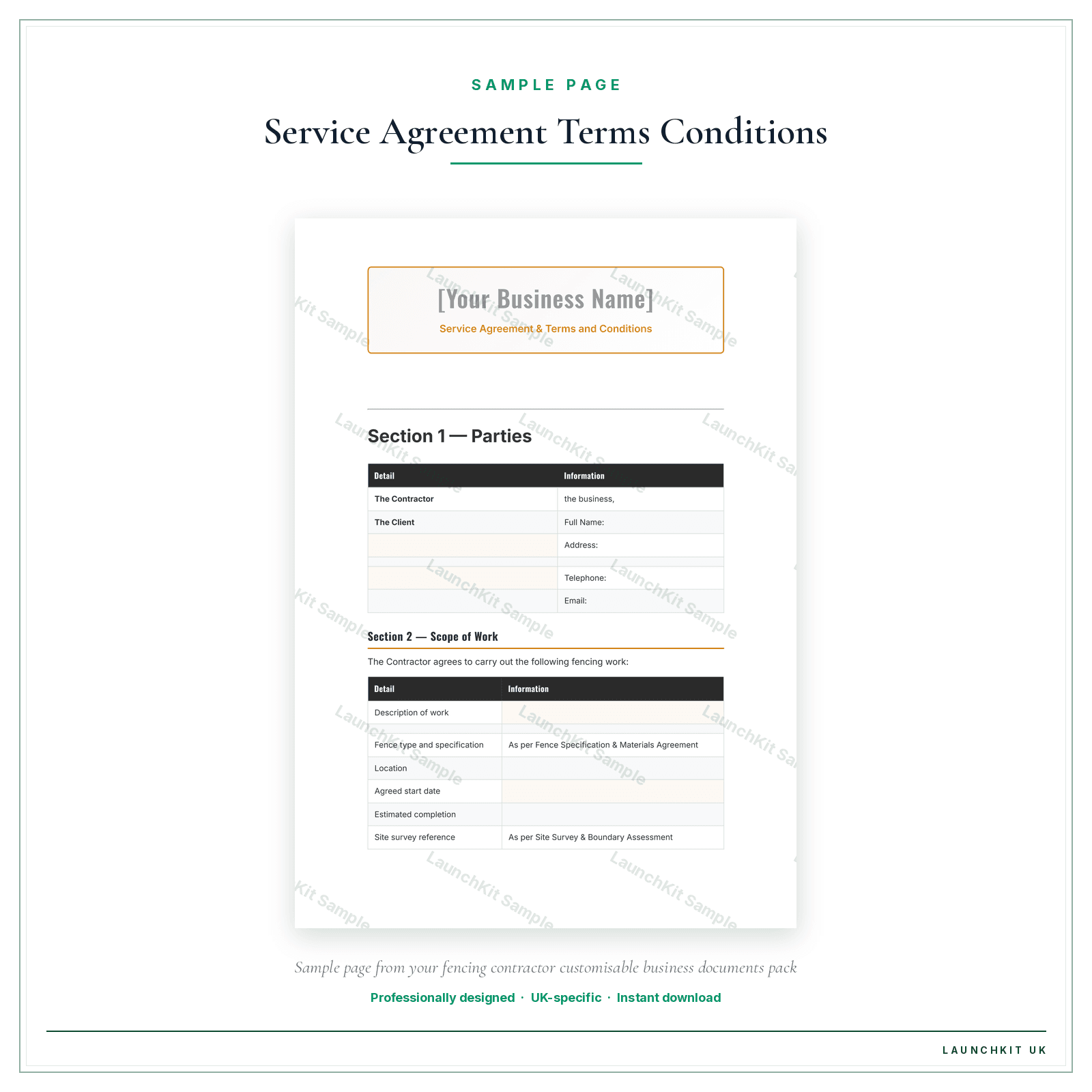 Service Agreement & Terms and Conditions sample page from the Fencing Contractor Business Documents — Customisable pack — watermarked LaunchKit Sample