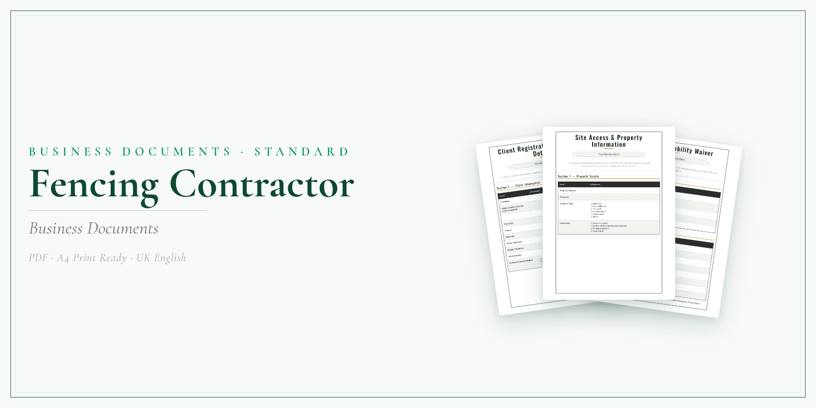 Fencing Contractor — Business Documents — Standard, PDF with fillable header product overview
