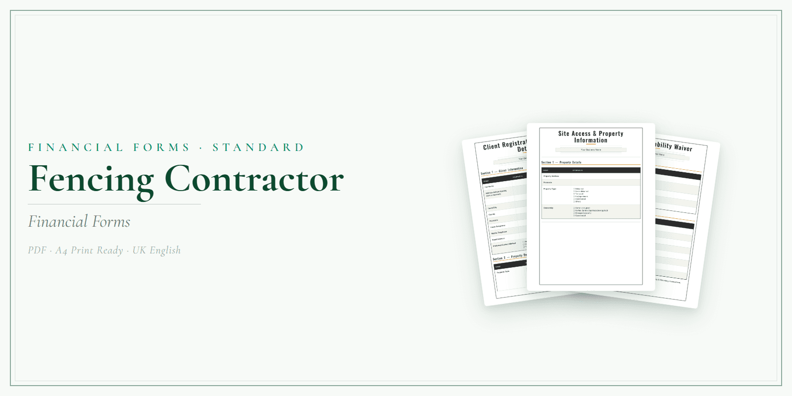 Fencing Contractor — Financial Forms Bundle — Standard, PDF with fillable header product overview