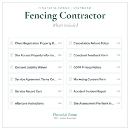 Fencing Contractor — Financial Forms Bundle — Standard, PDF with fillable header what's included preview