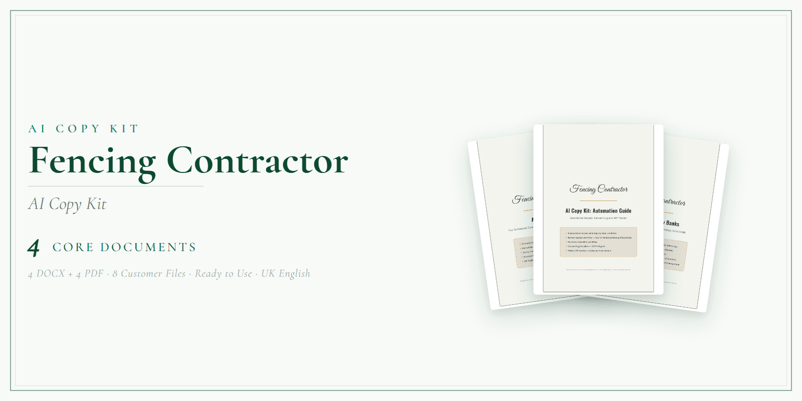Fencing Contractor — AI Copy Kit, PDF and editable DOCX product overview