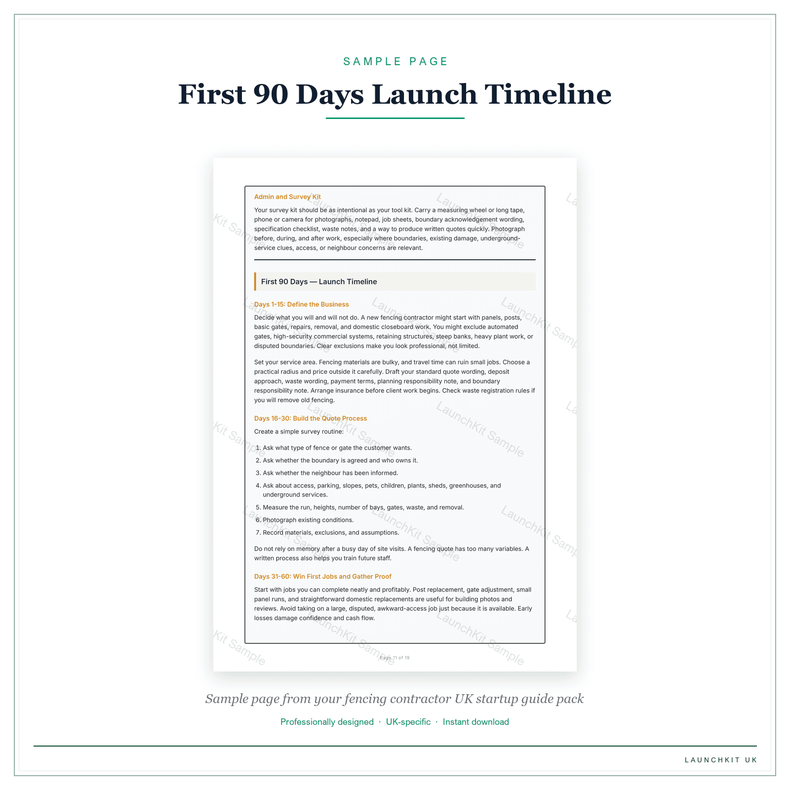 First 90 Days Launch Timeline sample page from the Fencing Contractor Startup Guide pack — watermarked LaunchKit Sample