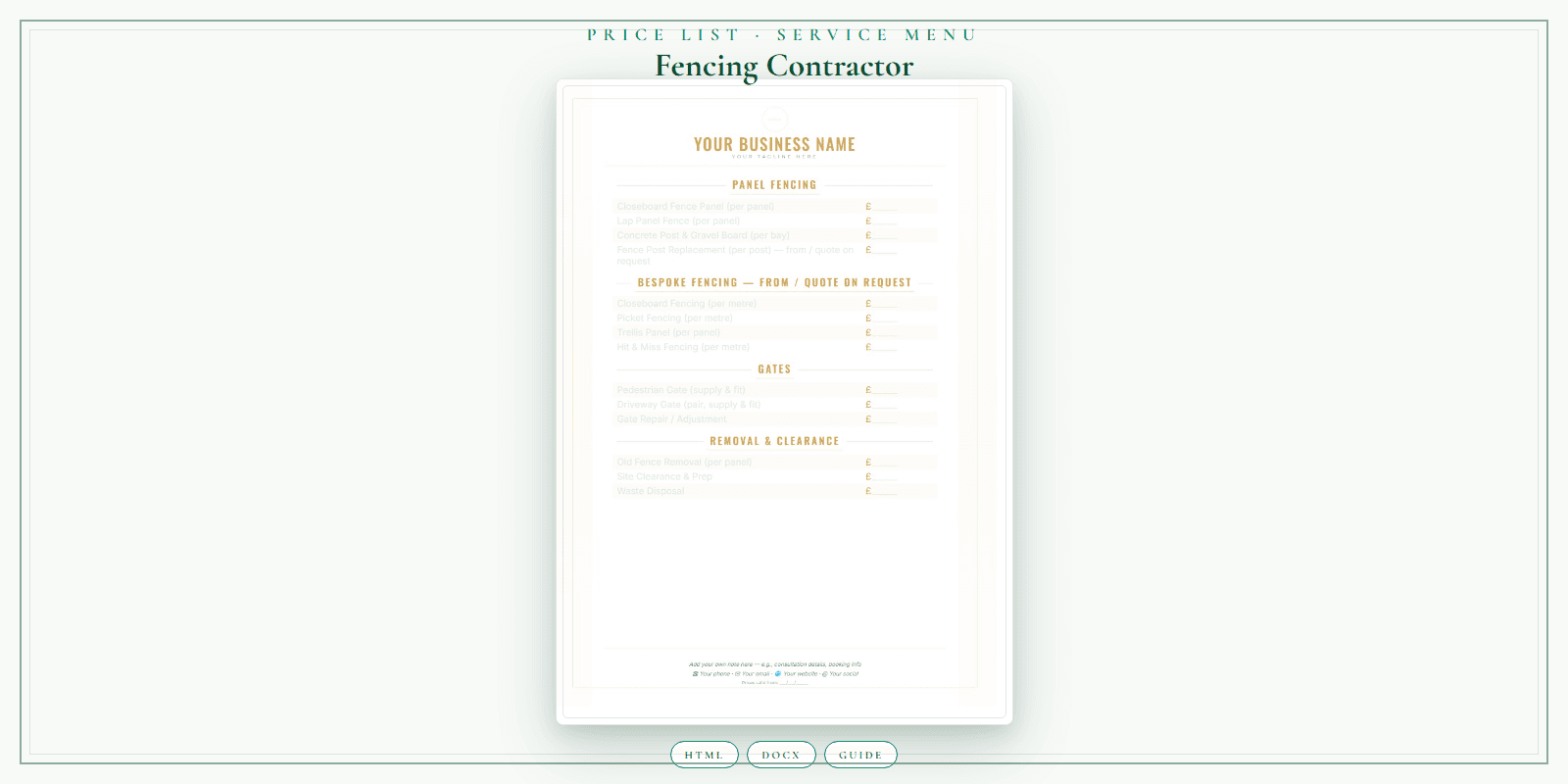 Fencing Contractor — Price List & Service Menu, PDF product overview
