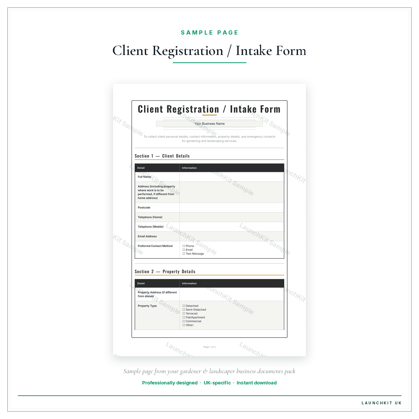 Client Registration / Intake Form sample page from the Gardener Landscaper Business Documents — Premium pack — watermarked LaunchKit Sample