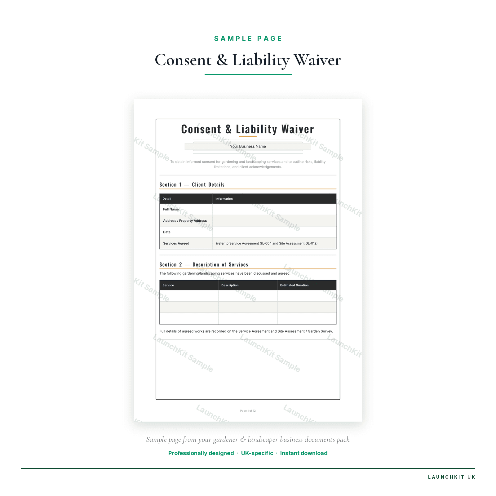 Consent & Liability Waiver sample page from the Gardener Landscaper Business Documents — Premium pack — watermarked LaunchKit Sample