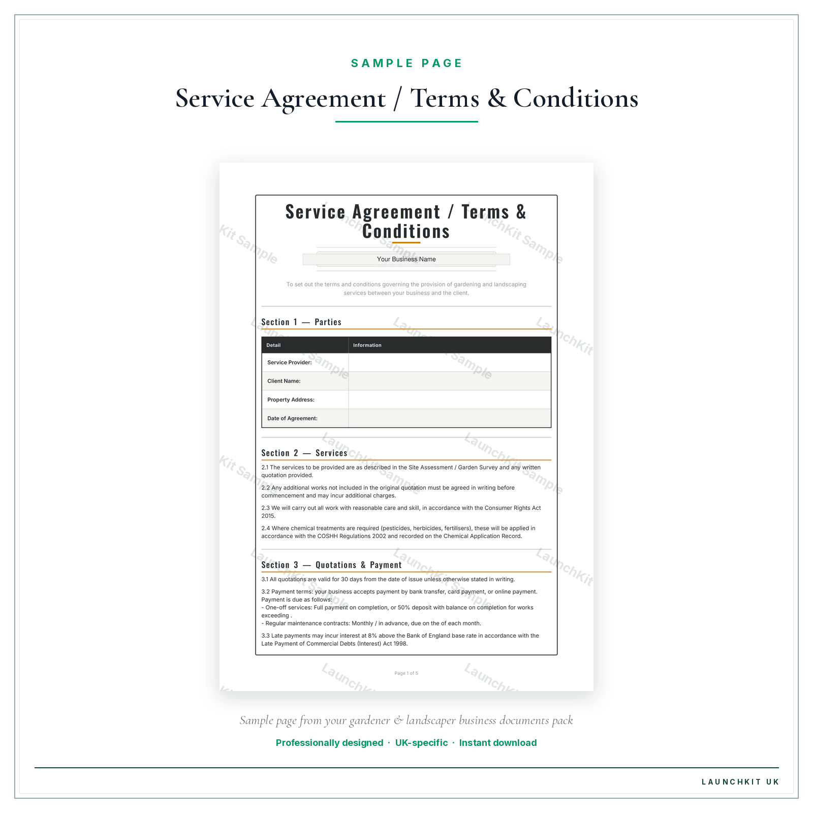 Service Agreement / Terms & Conditions sample page from the Gardener Landscaper Business Documents — Premium pack — watermarked LaunchKit Sample