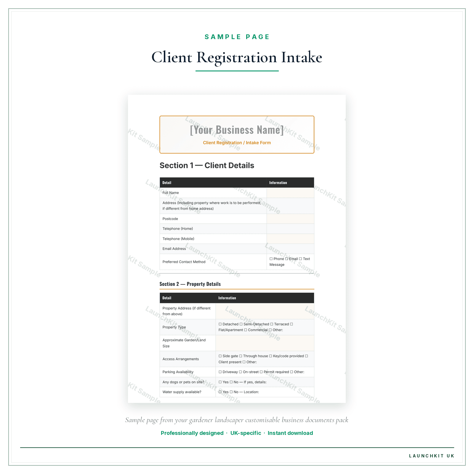 Client Registration / Intake Form sample page from the Gardener Landscaper Business Documents — Customisable pack — watermarked LaunchKit Sample