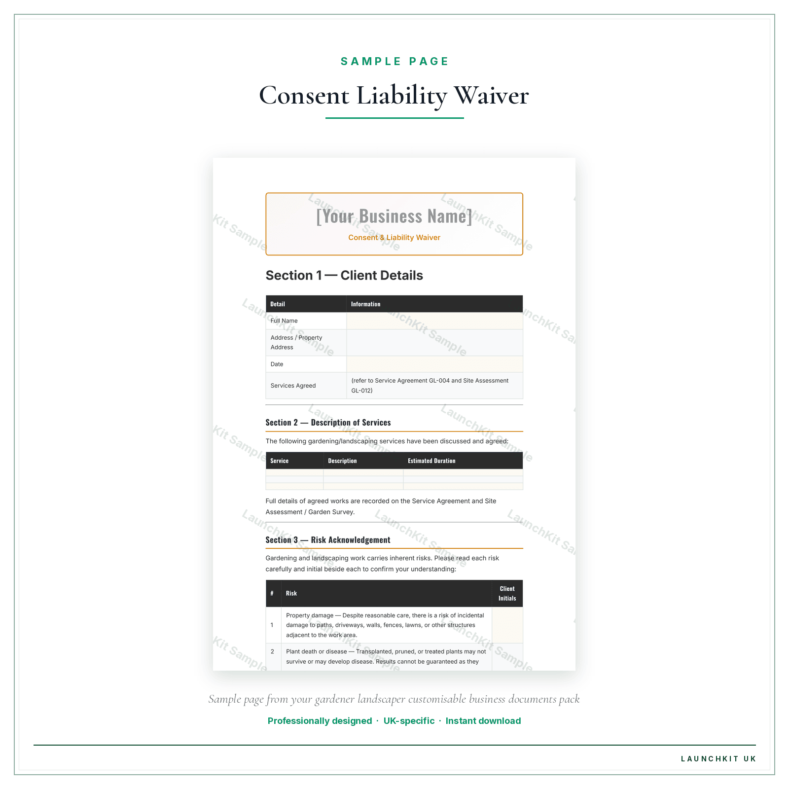 Consent & Liability Waiver sample page from the Gardener Landscaper Business Documents — Customisable pack — watermarked LaunchKit Sample