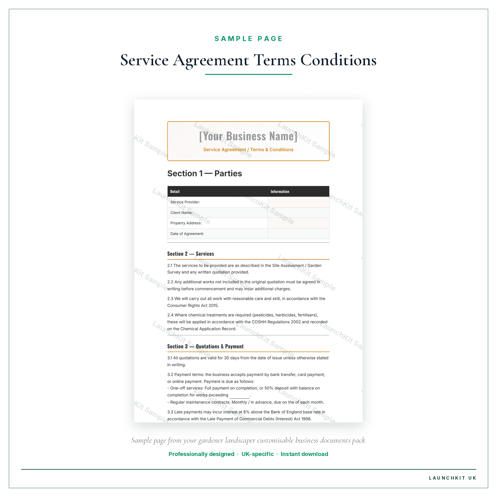 Service Agreement / Terms & Conditions sample page from the Gardener Landscaper Business Documents — Customisable pack — watermarked LaunchKit Sample