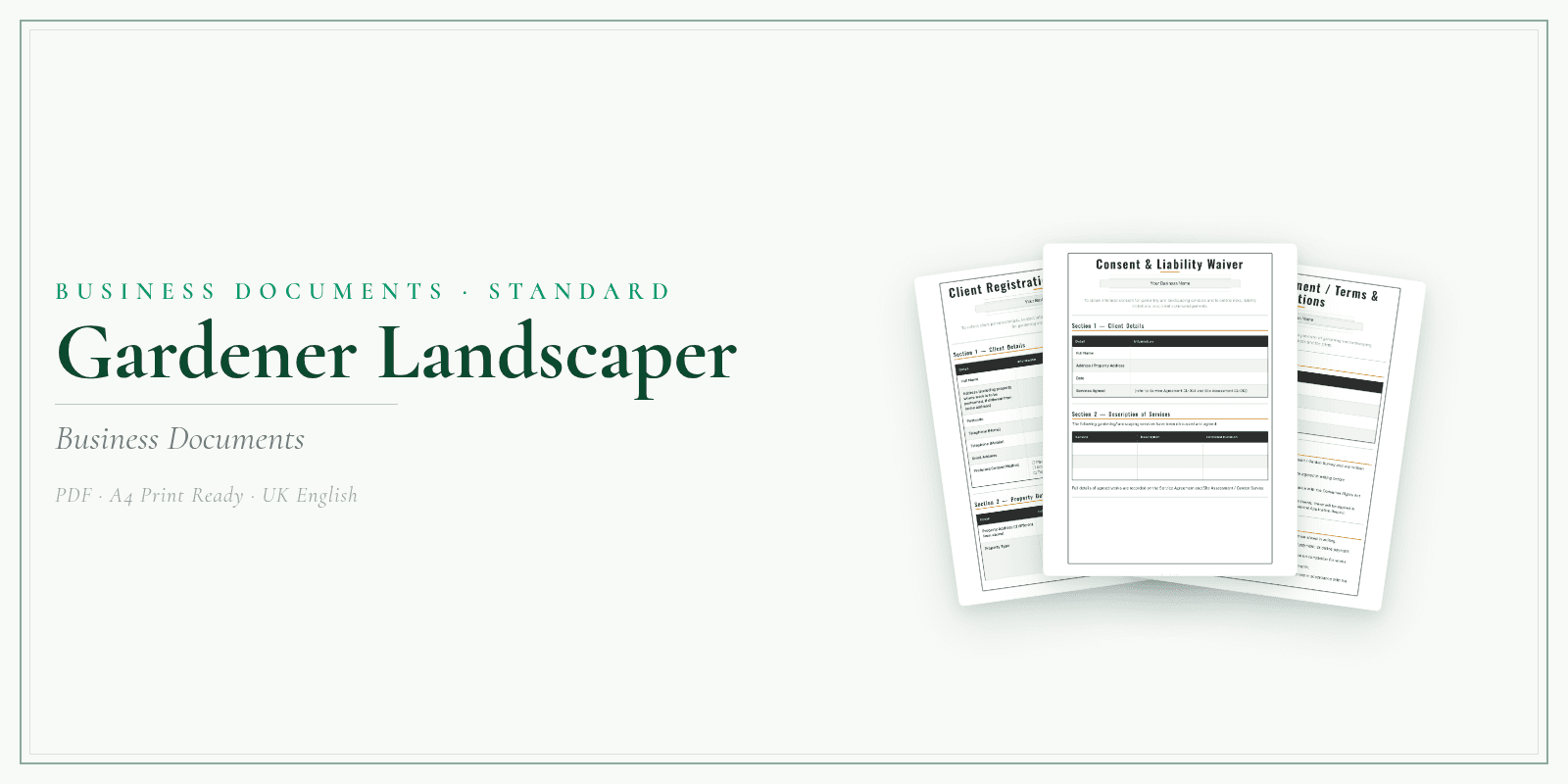 Gardener Landscaper — Business Documents — Standard, PDF with fillable header product overview