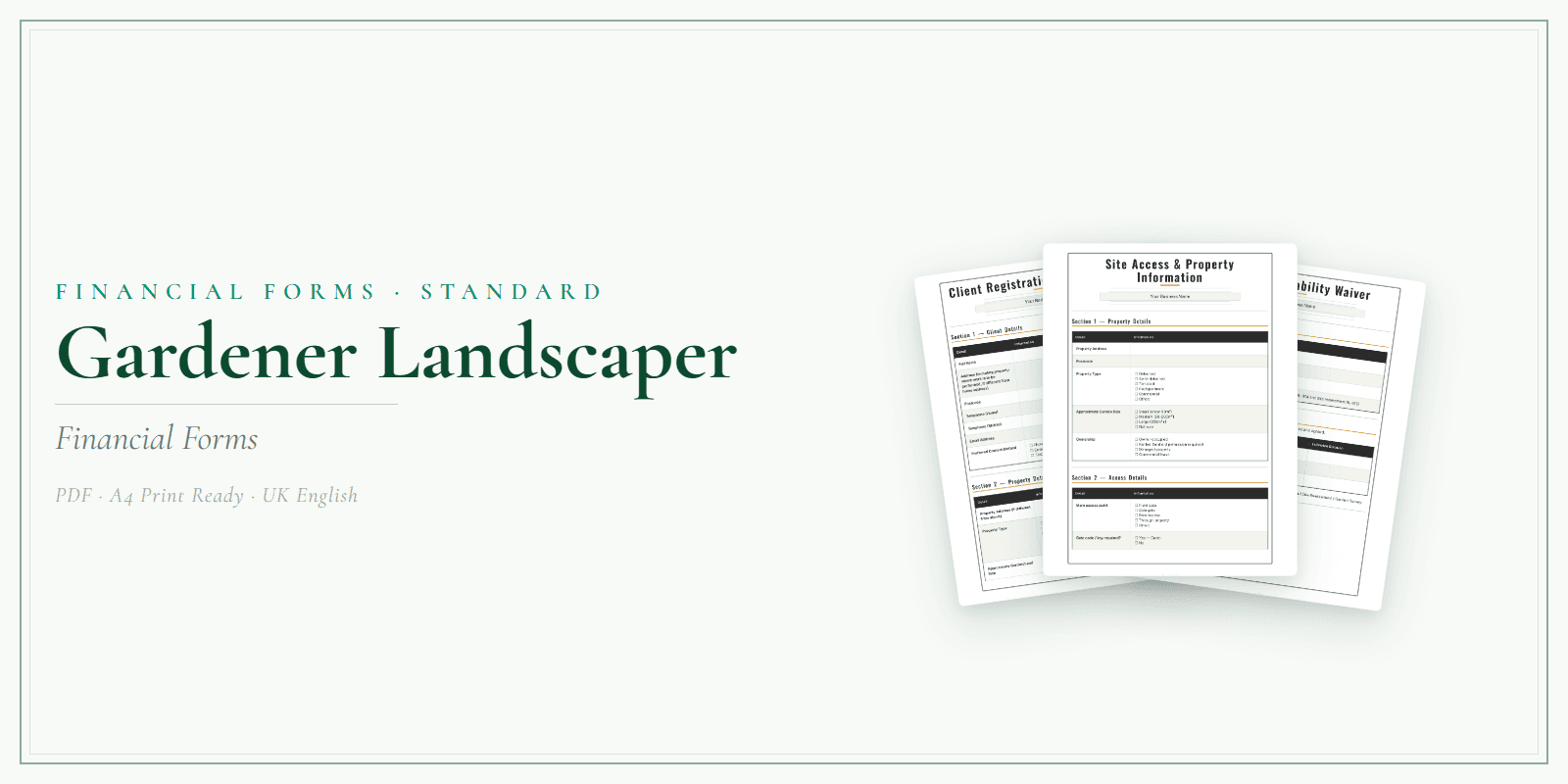 Gardener Landscaper — Financial Forms Bundle — Standard, PDF with fillable header product overview