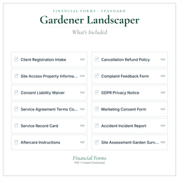 Gardener Landscaper — Financial Forms Bundle — Standard, PDF with fillable header what's included preview