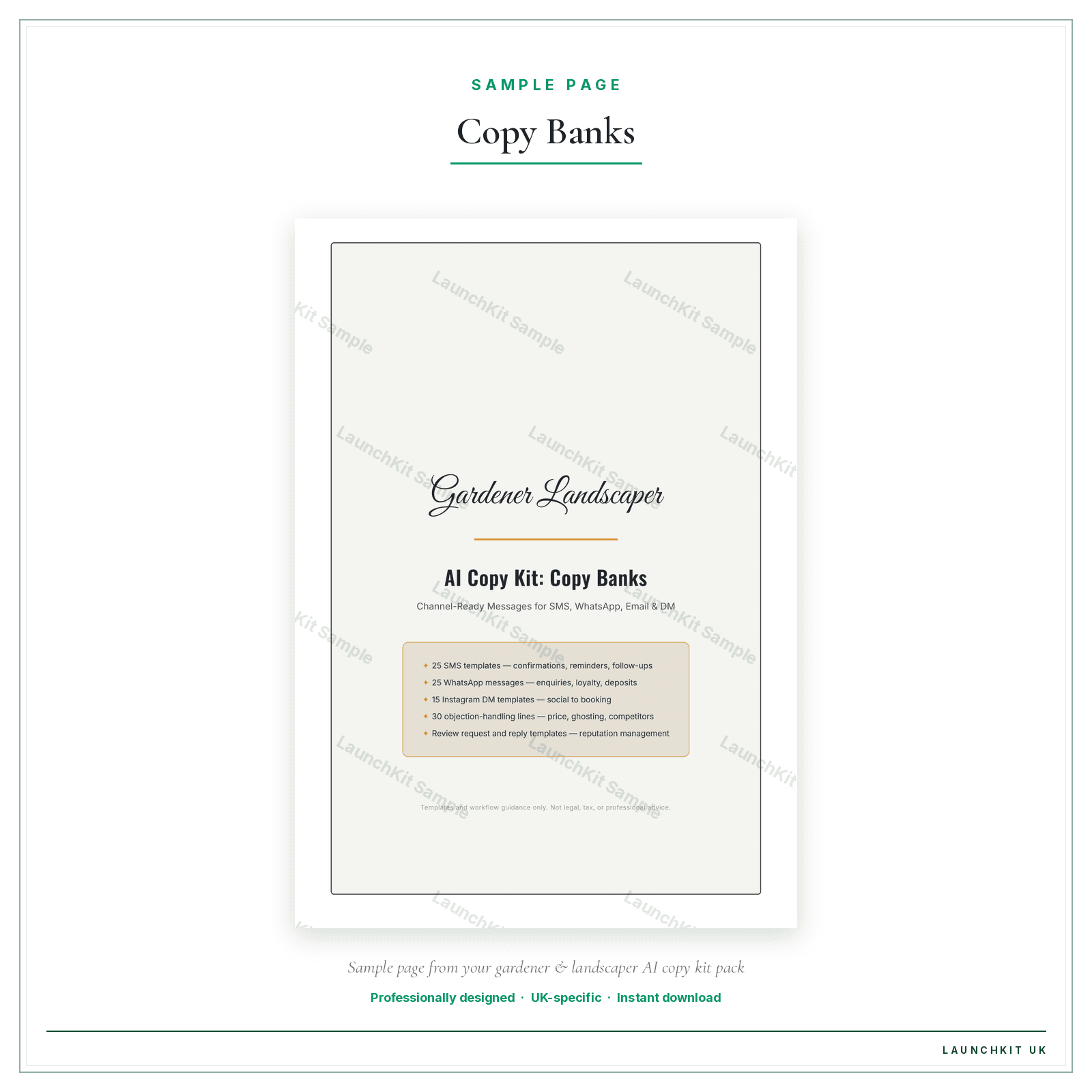 Copy Banks sample page from the Gardener Landscaper AI Copy Kit pack — watermarked LaunchKit Sample