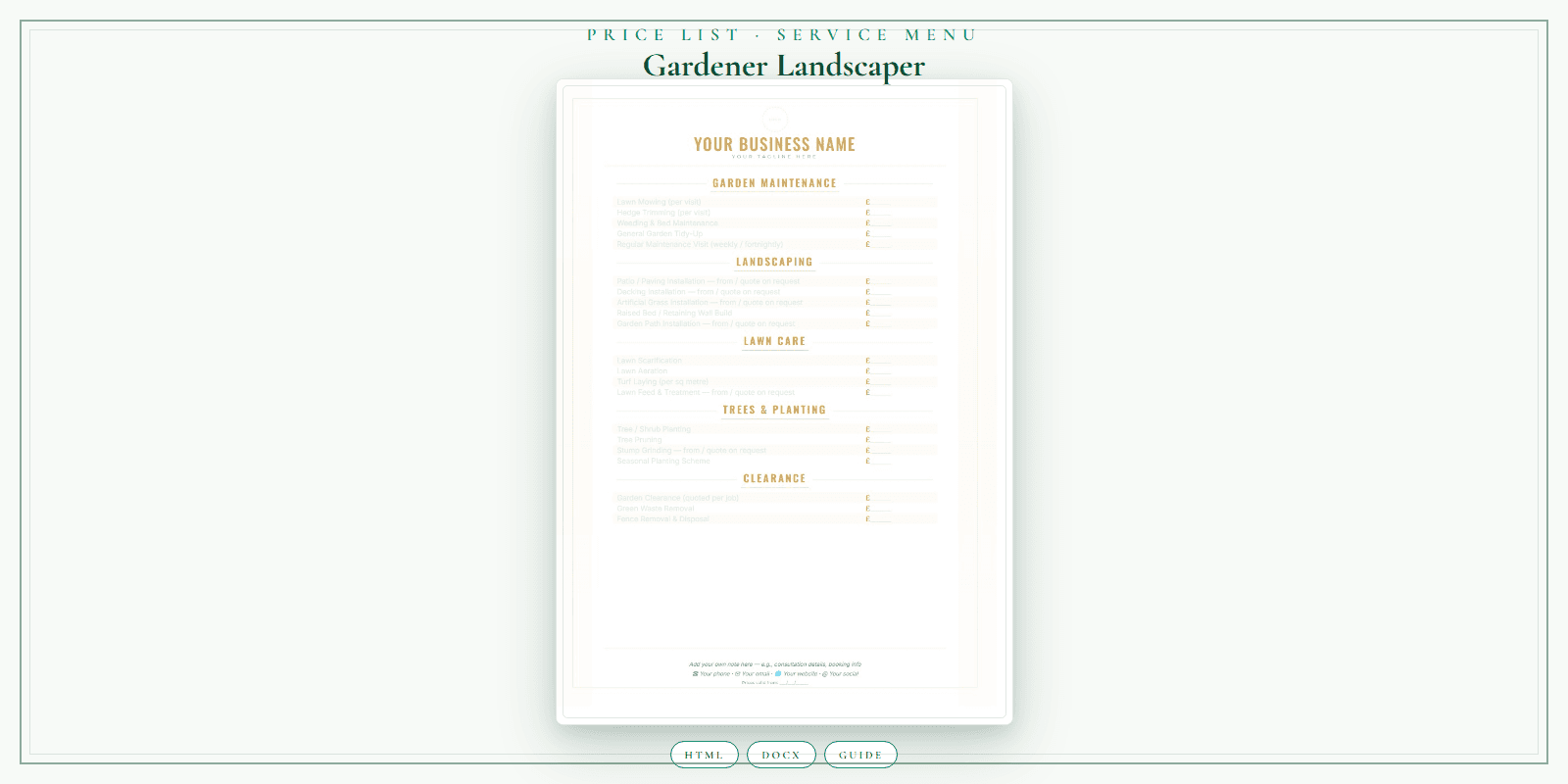 Gardener Landscaper — Price List & Service Menu, PDF product overview