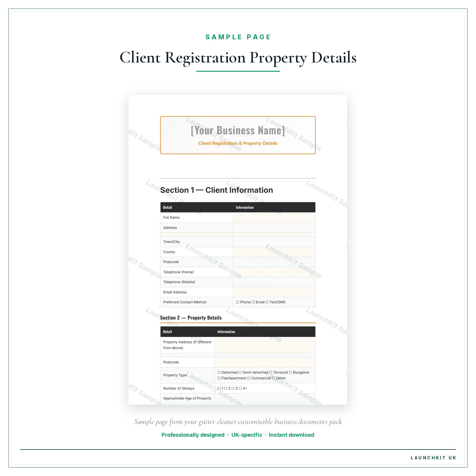 Client Registration & Property Details sample page from the Gutter Cleaner Business Documents — Customisable pack — watermarked LaunchKit Sample