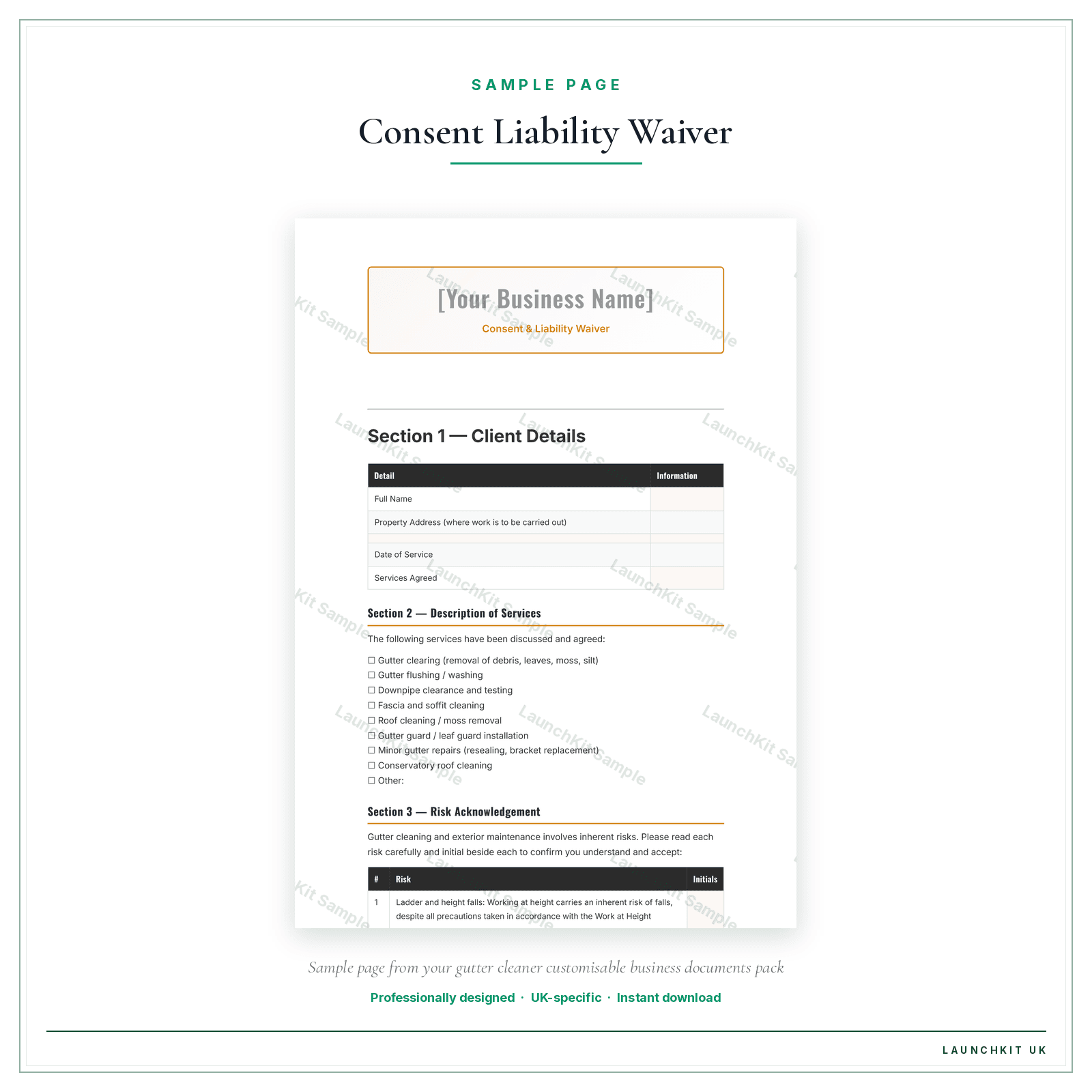 Consent & Liability Waiver sample page from the Gutter Cleaner Business Documents — Customisable pack — watermarked LaunchKit Sample
