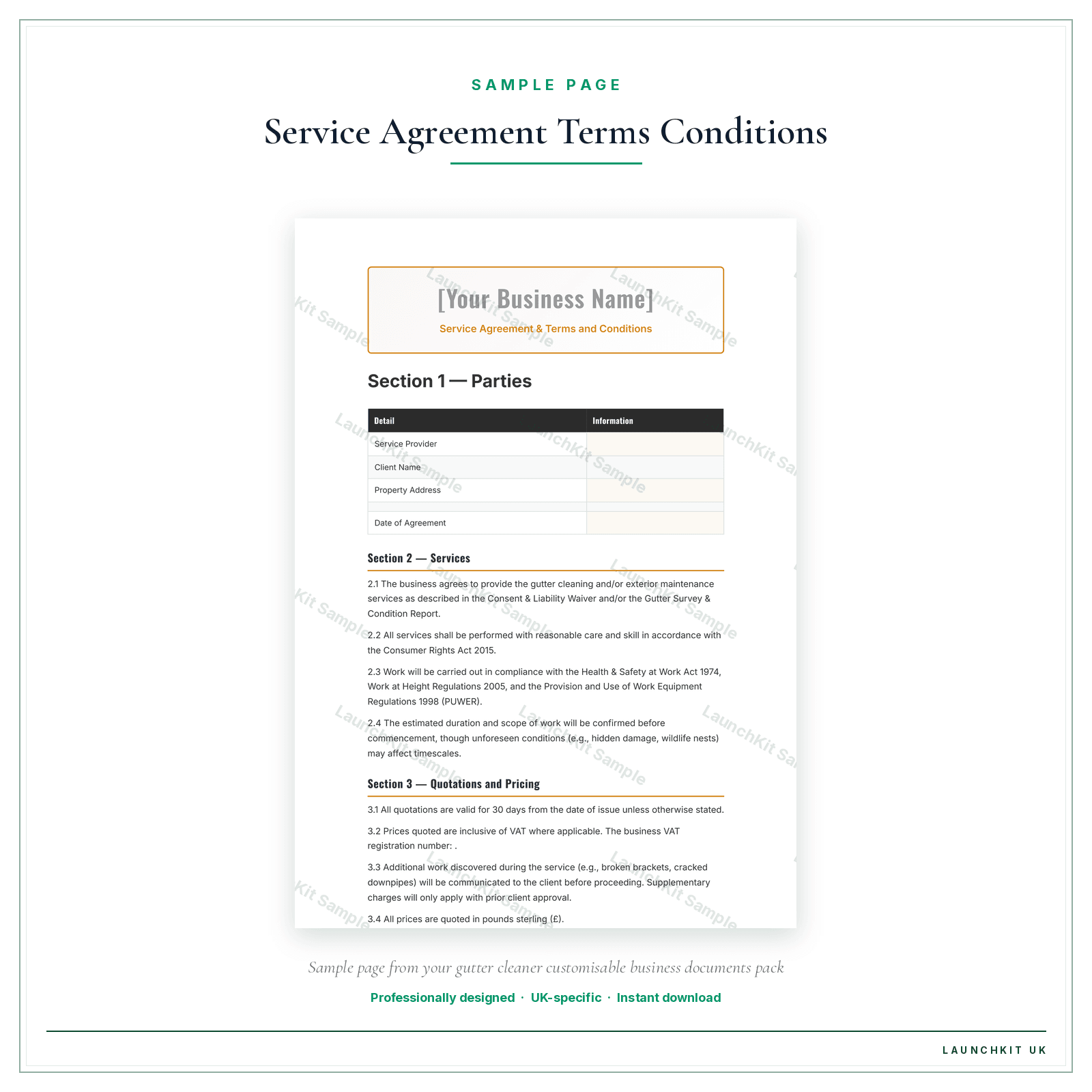Service Agreement & Terms and Conditions sample page from the Gutter Cleaner Business Documents — Customisable pack — watermarked LaunchKit Sample