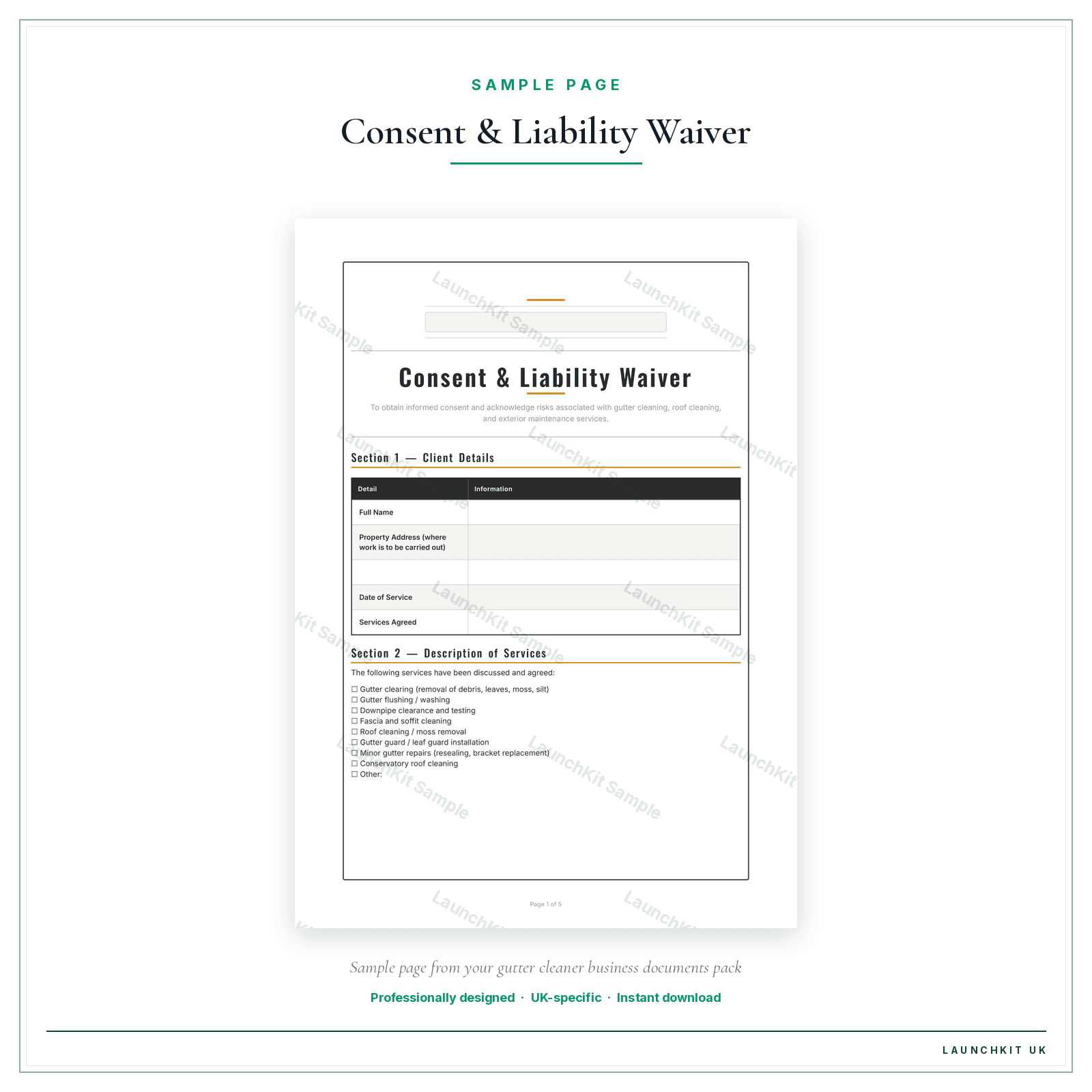 Consent & Liability Waiver sample page from the Gutter Cleaner Business Documents — Essential pack — watermarked LaunchKit Sample