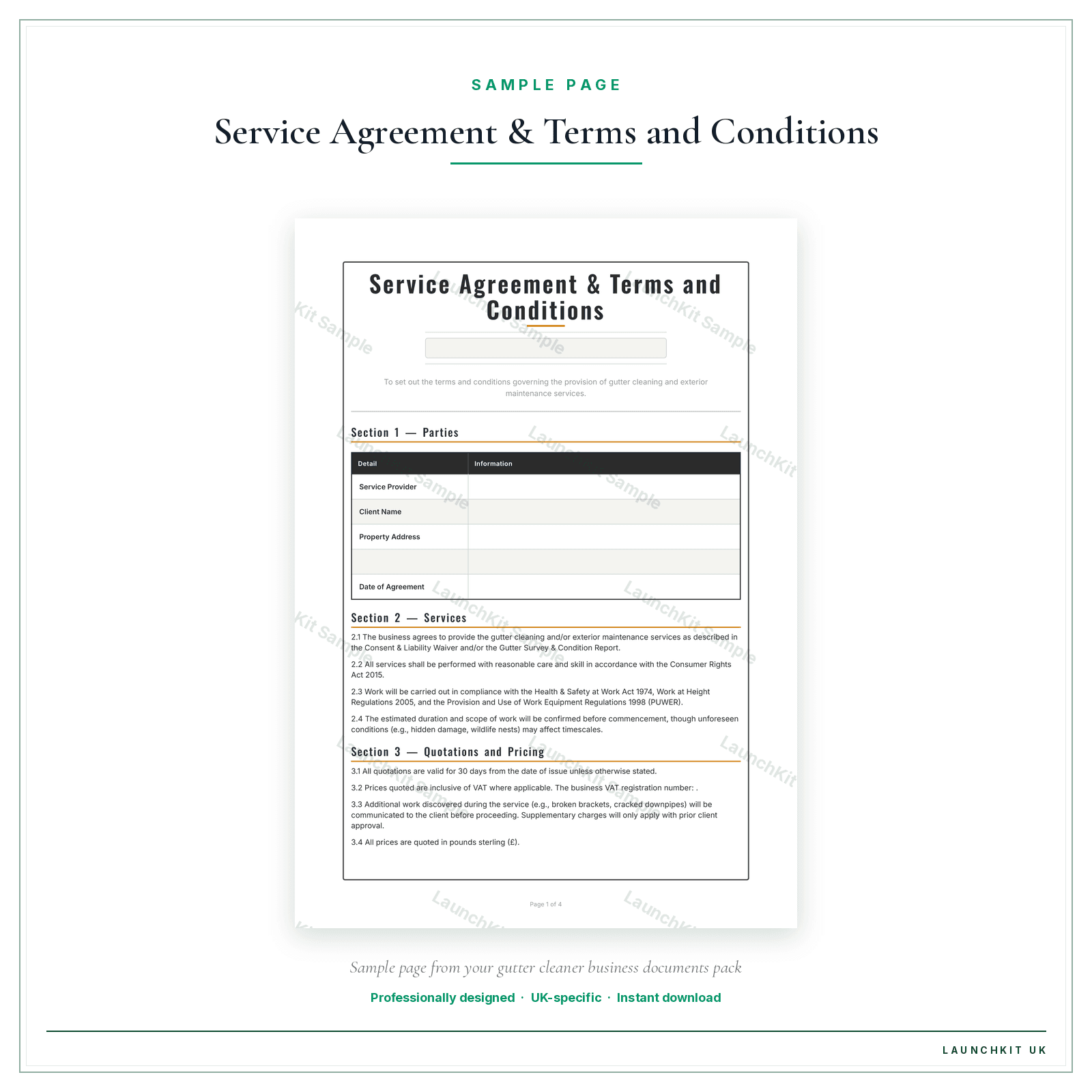 Service Agreement & Terms and Conditions sample page from the Gutter Cleaner Business Documents — Essential pack — watermarked LaunchKit Sample