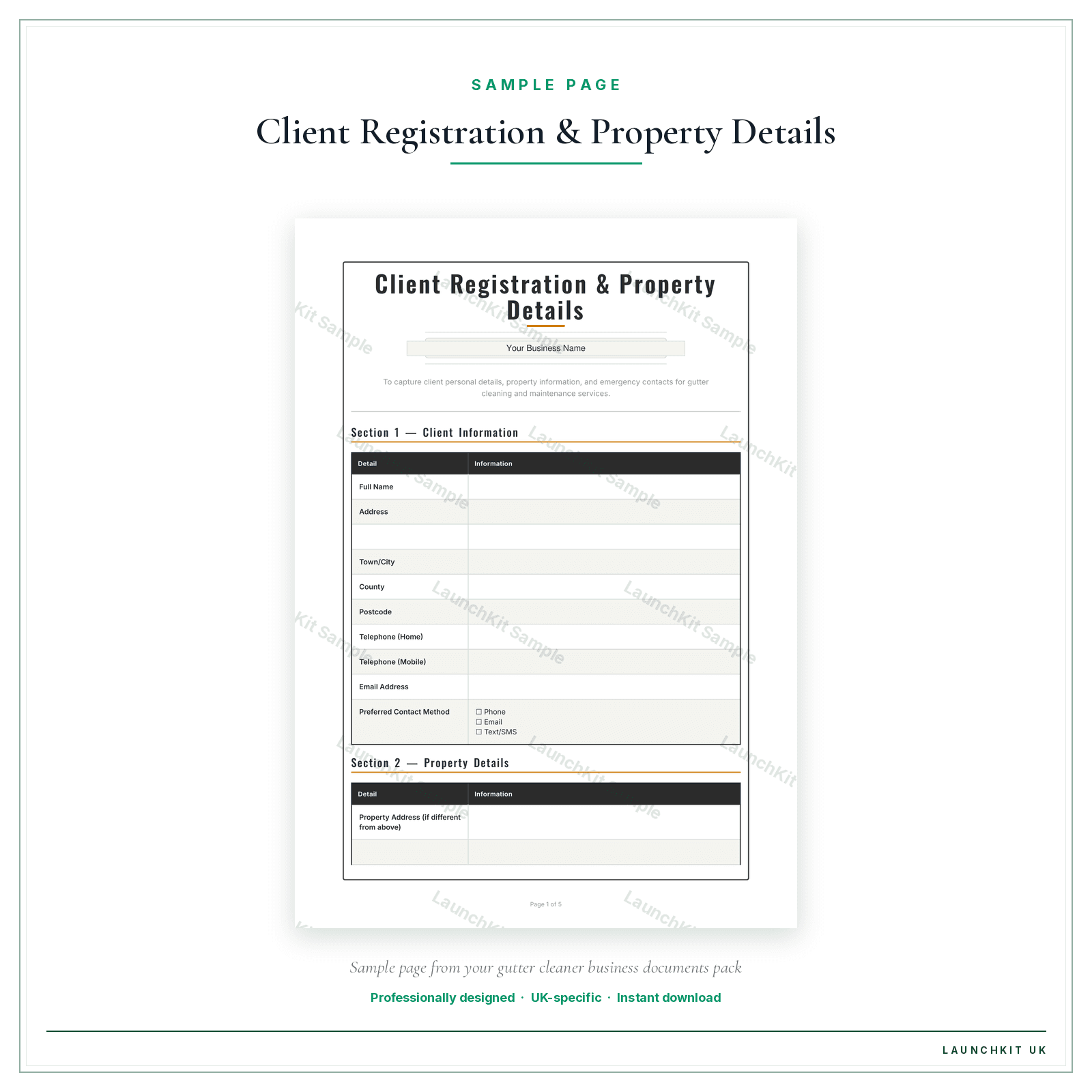 Client Registration & Property Details sample page from the Gutter Cleaner Business Documents — Standard pack — watermarked LaunchKit Sample