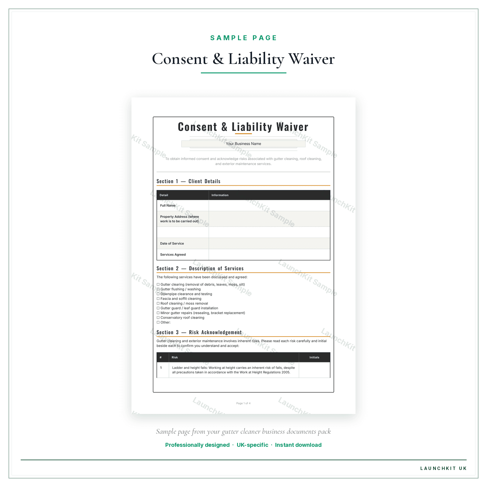 Consent & Liability Waiver sample page from the Gutter Cleaner Business Documents — Standard pack — watermarked LaunchKit Sample