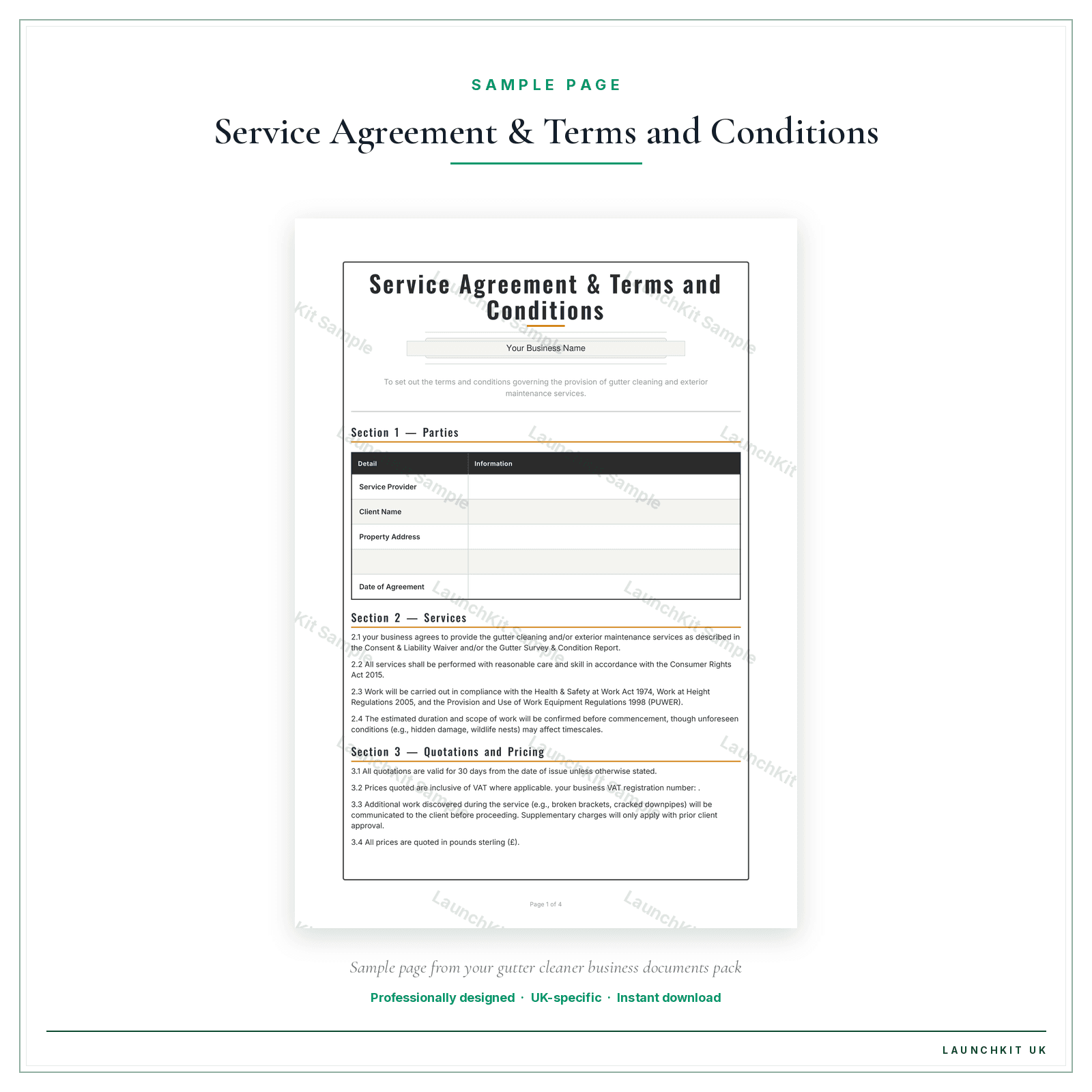 Service Agreement & Terms and Conditions sample page from the Gutter Cleaner Business Documents — Standard pack — watermarked LaunchKit Sample