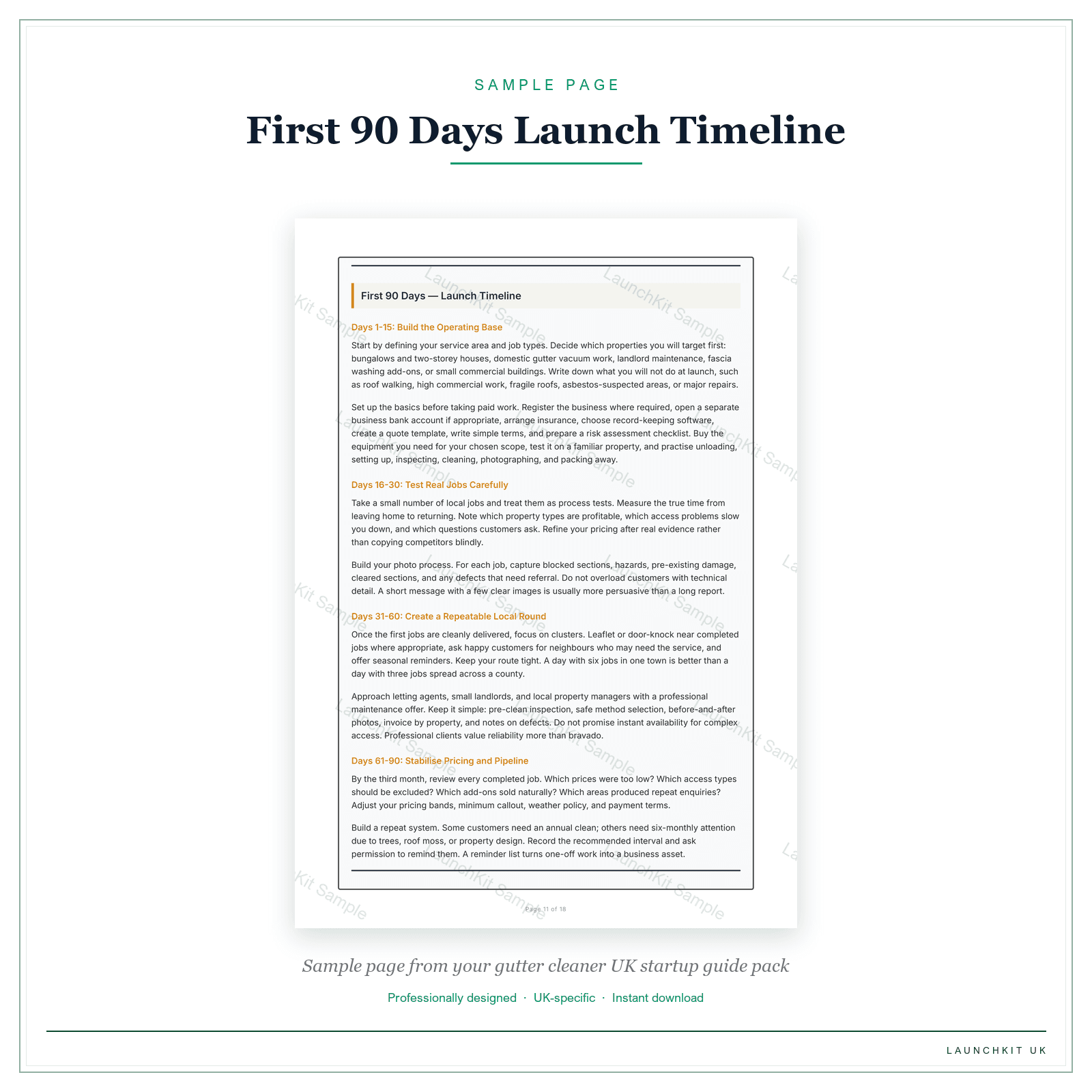 First 90 Days Launch Timeline sample page from the Gutter Cleaner Startup Guide pack — watermarked LaunchKit Sample