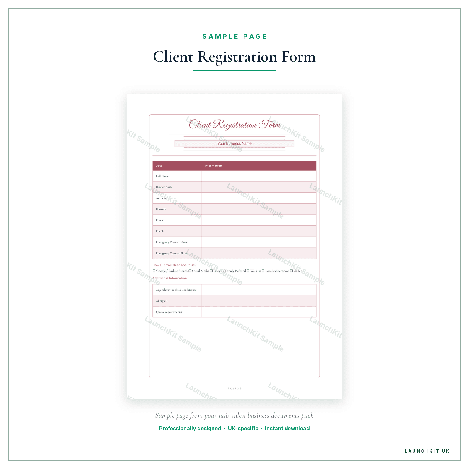 Client Registration Form sample page from the Hair Salon Business Documents — Premium pack — watermarked LaunchKit Sample