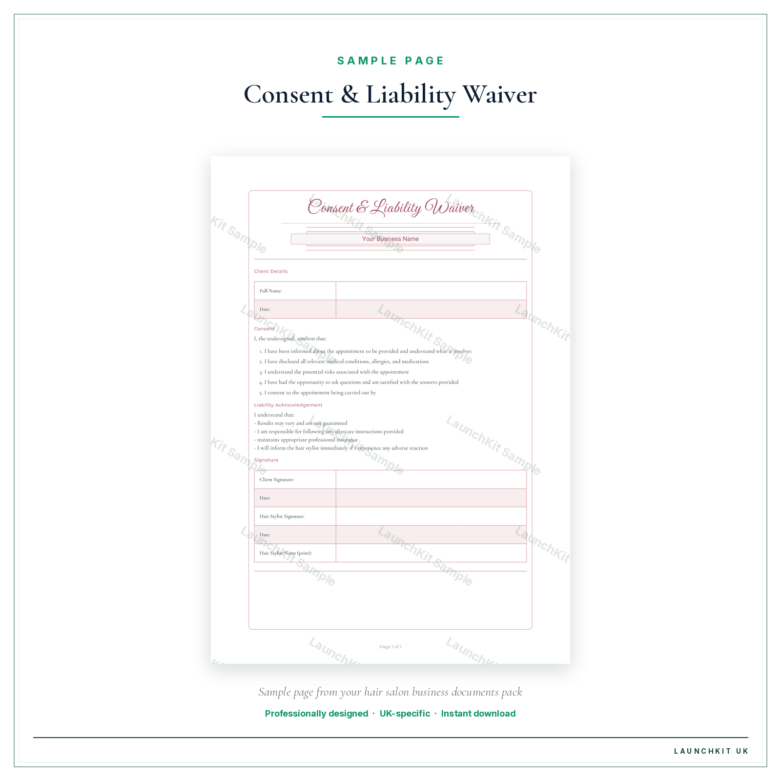 Consent & Liability Waiver sample page from the Hair Salon Business Documents — Premium pack — watermarked LaunchKit Sample