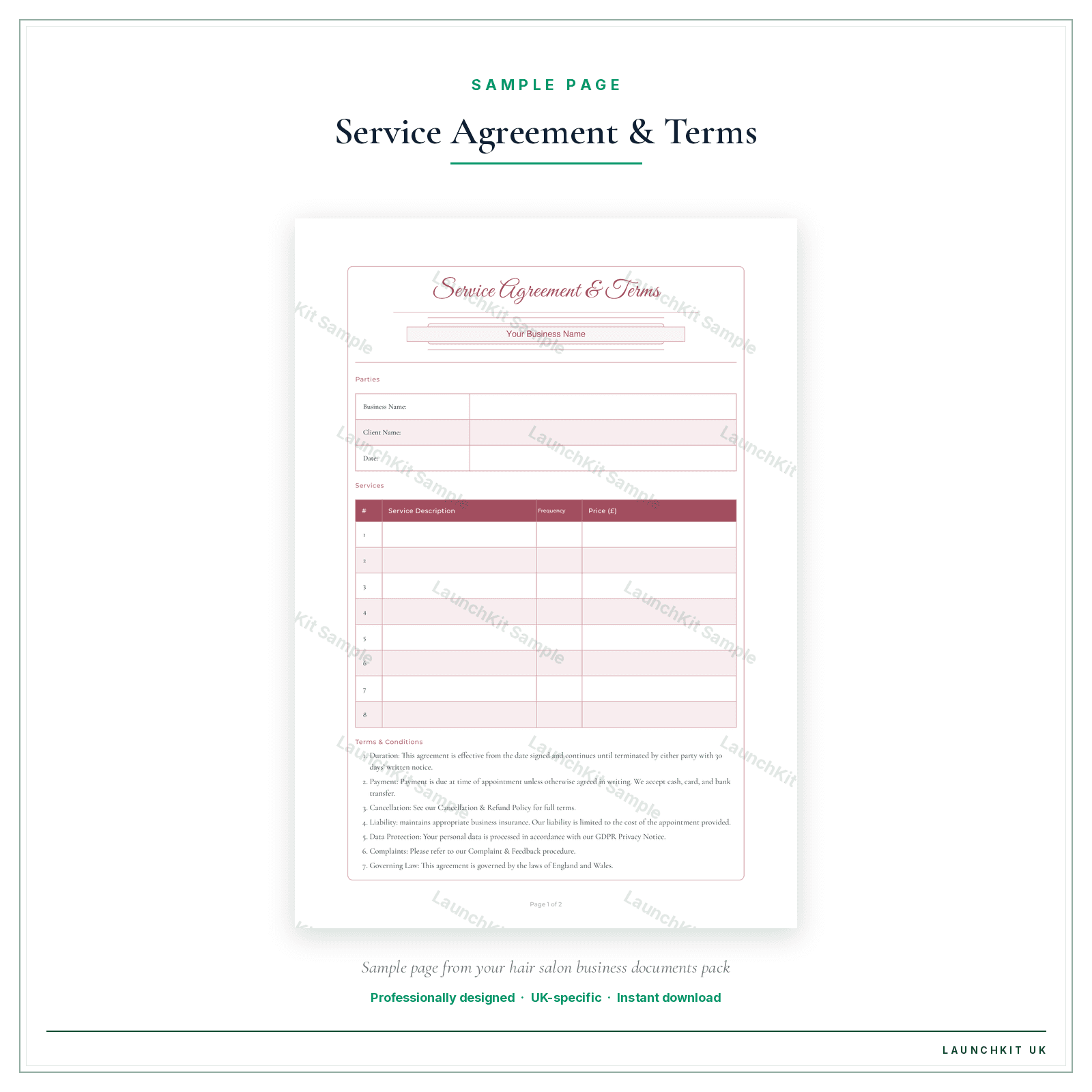 Service Agreement & Terms sample page from the Hair Salon Business Documents — Premium pack — watermarked LaunchKit Sample