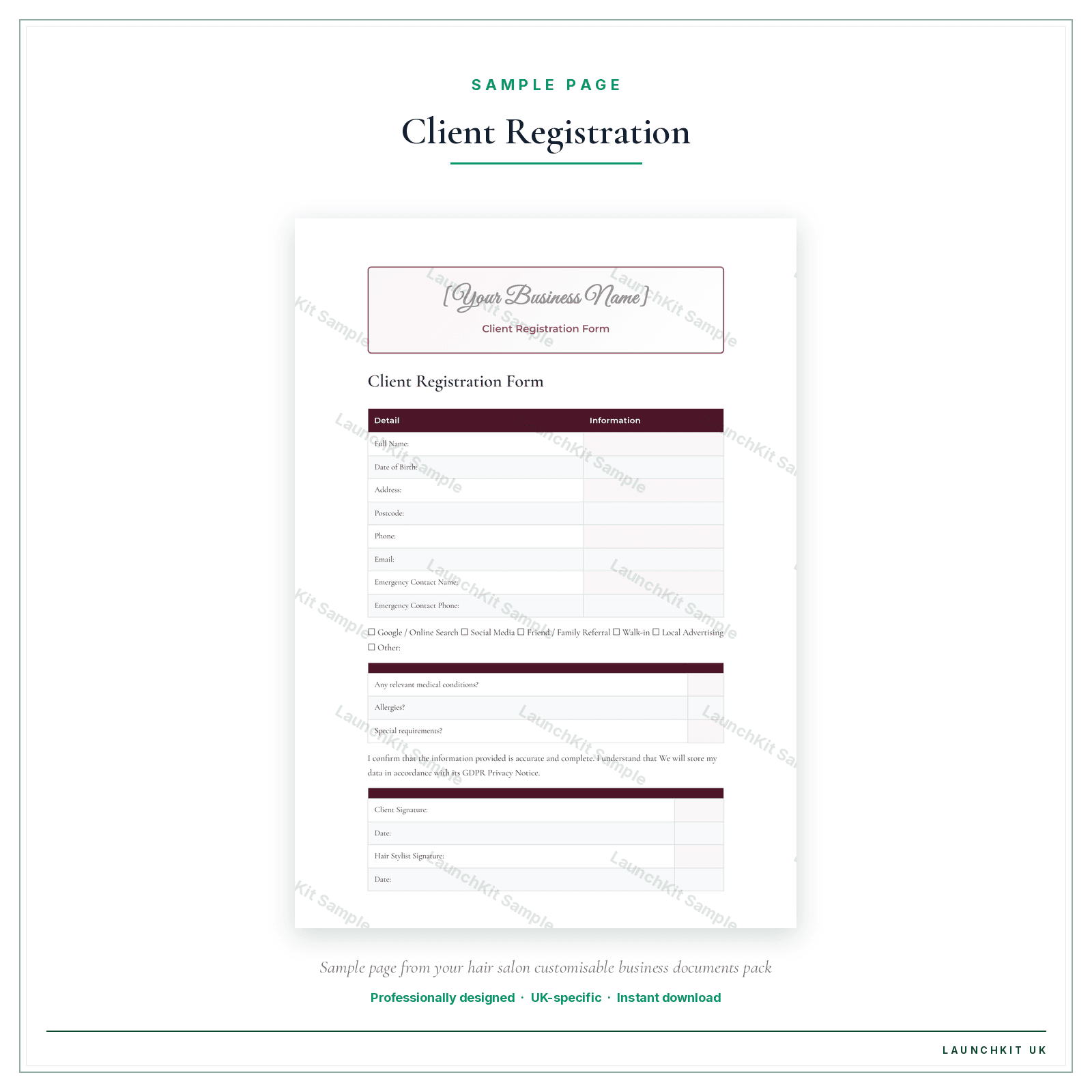Client Registration Form sample page from the Hair Salon Business Documents — Customisable pack — watermarked LaunchKit Sample