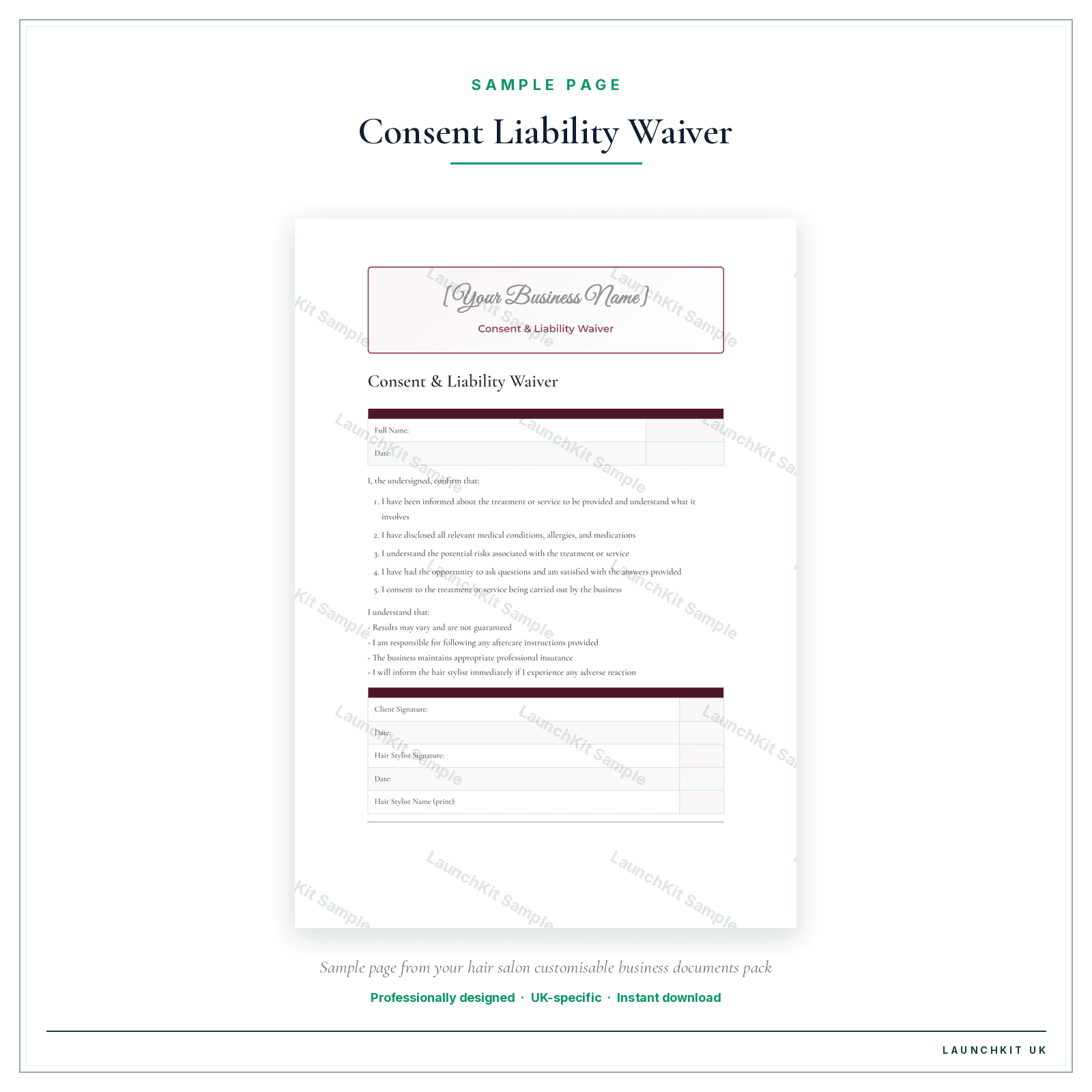 Consent & Liability Waiver sample page from the Hair Salon Business Documents — Customisable pack — watermarked LaunchKit Sample