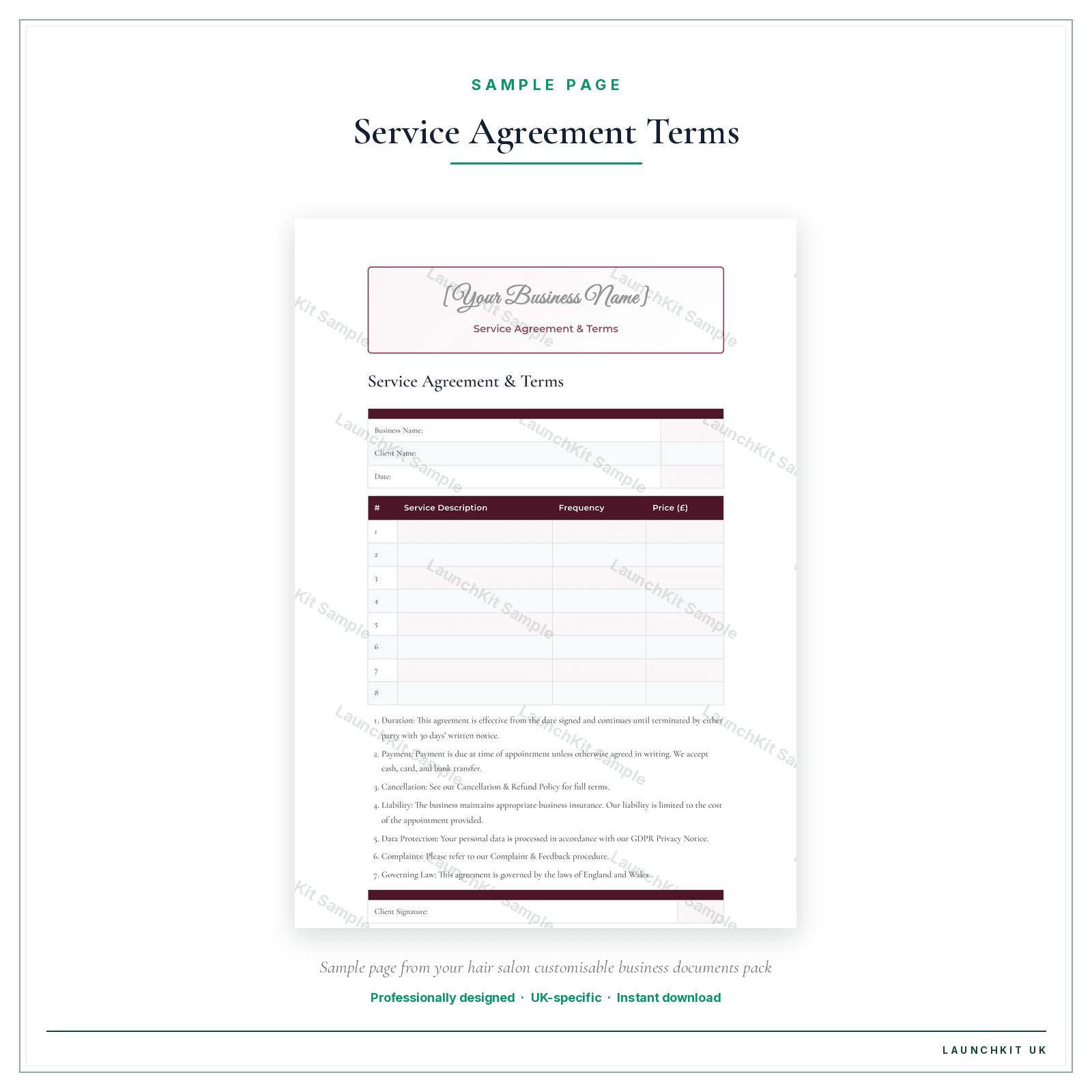 Service Agreement & Terms sample page from the Hair Salon Business Documents — Customisable pack — watermarked LaunchKit Sample