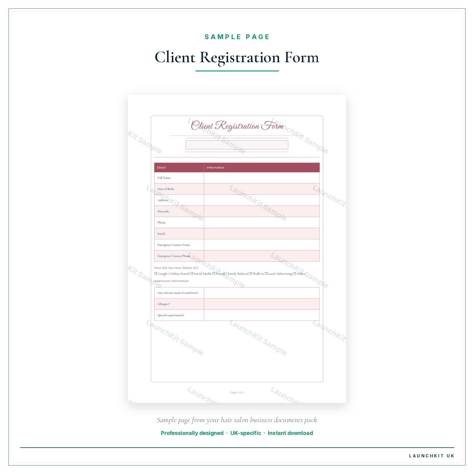 Client Registration Form sample page from the Hair Salon Business Documents — Essential pack — watermarked LaunchKit Sample
