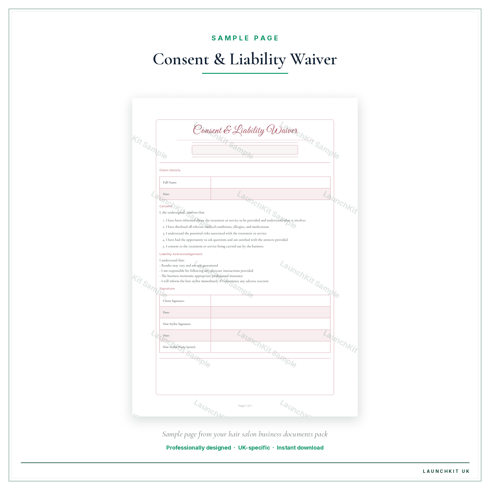 Consent & Liability Waiver sample page from the Hair Salon Business Documents — Essential pack — watermarked LaunchKit Sample