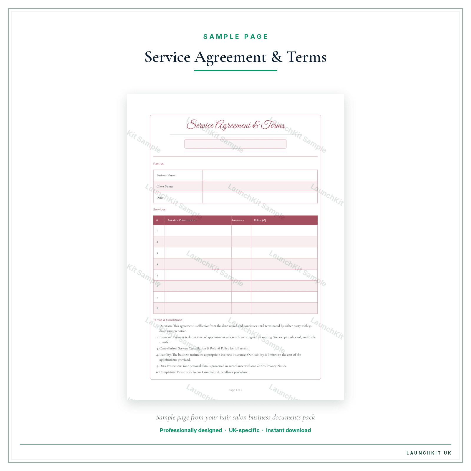 Service Agreement & Terms sample page from the Hair Salon Business Documents — Essential pack — watermarked LaunchKit Sample