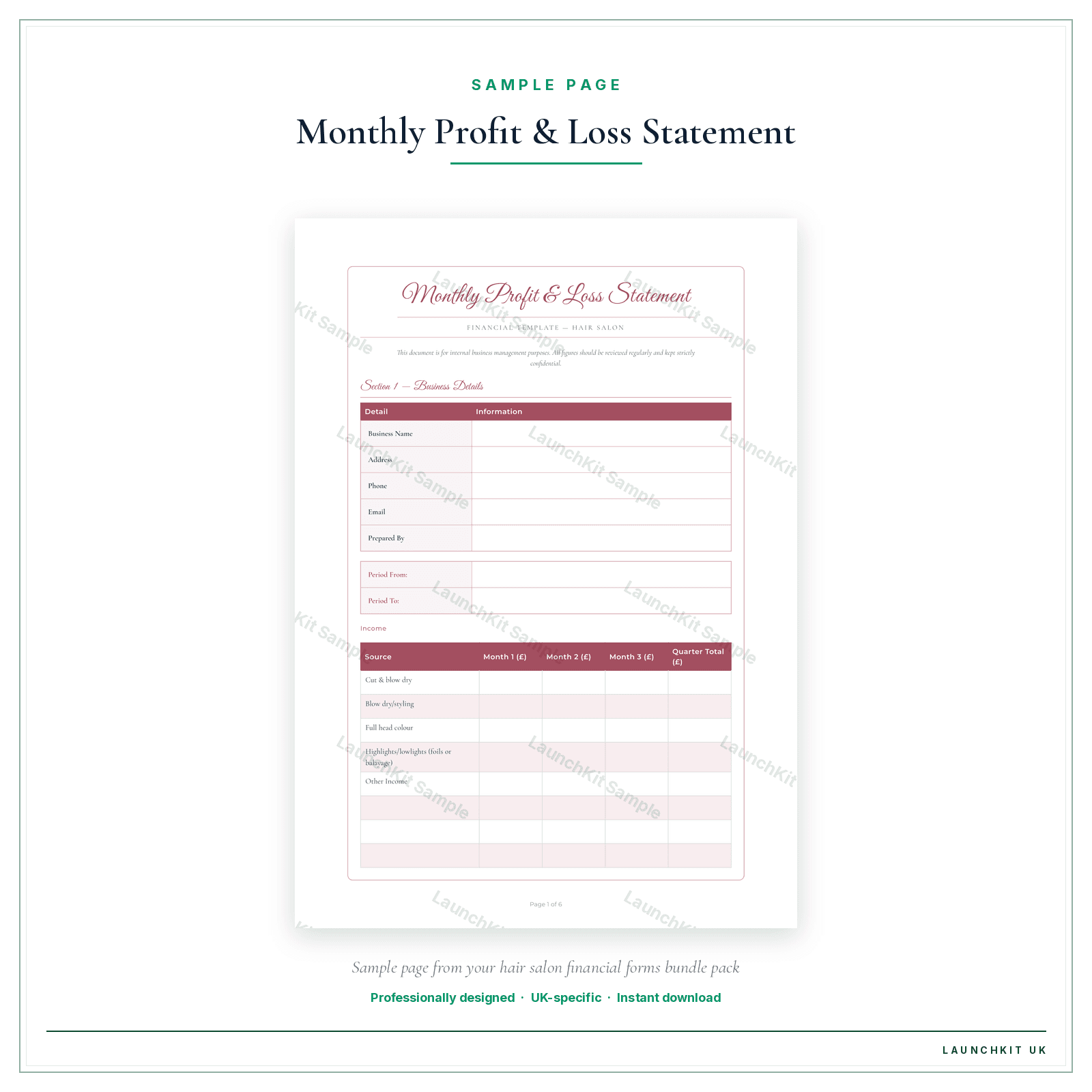 Monthly Profit & Loss Statement sample page from the Hair Salon Financial Forms Bundle — Premium pack — watermarked LaunchKit Sample
