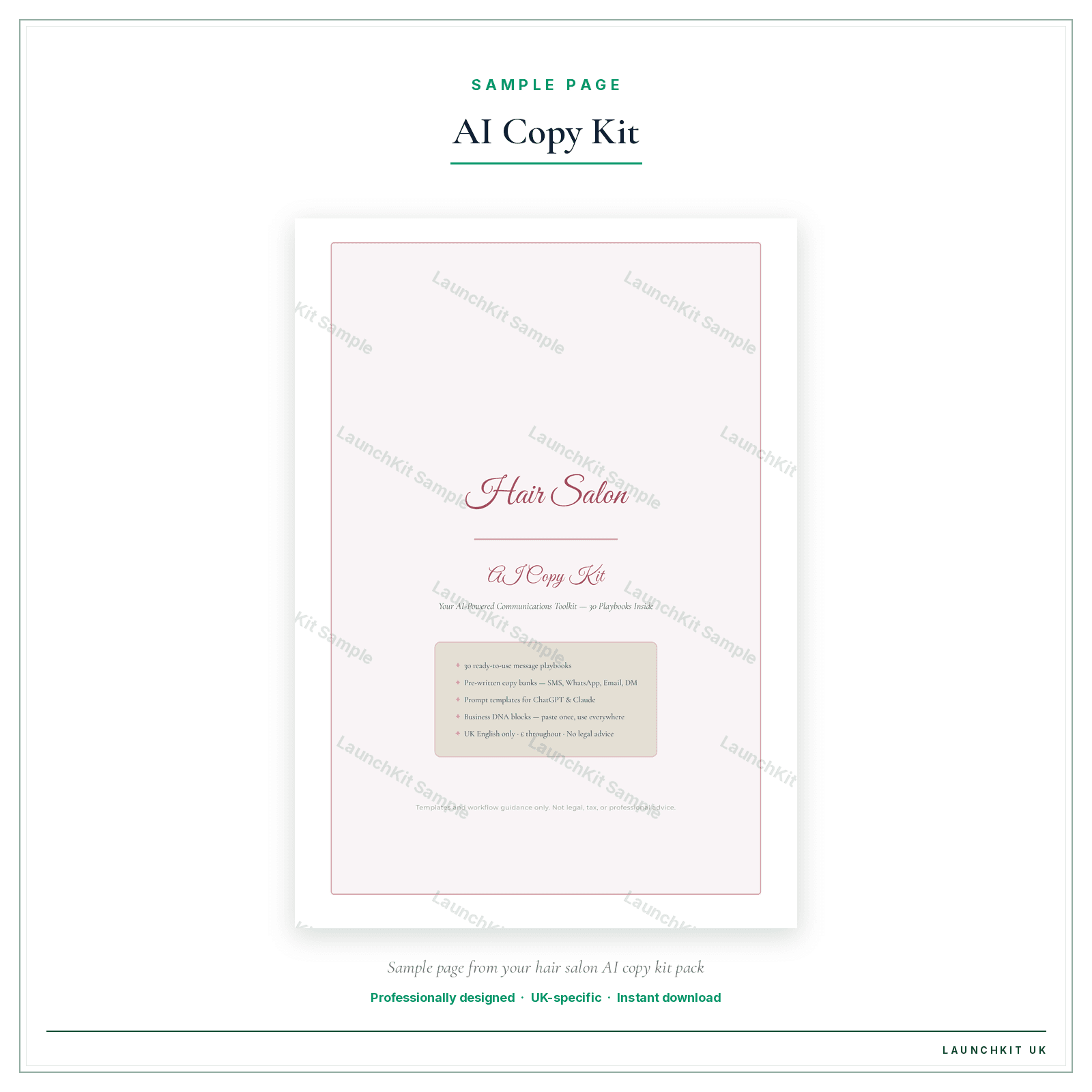 AI Copy Kit sample page from the Hair Salon AI Copy Kit pack — watermarked LaunchKit Sample