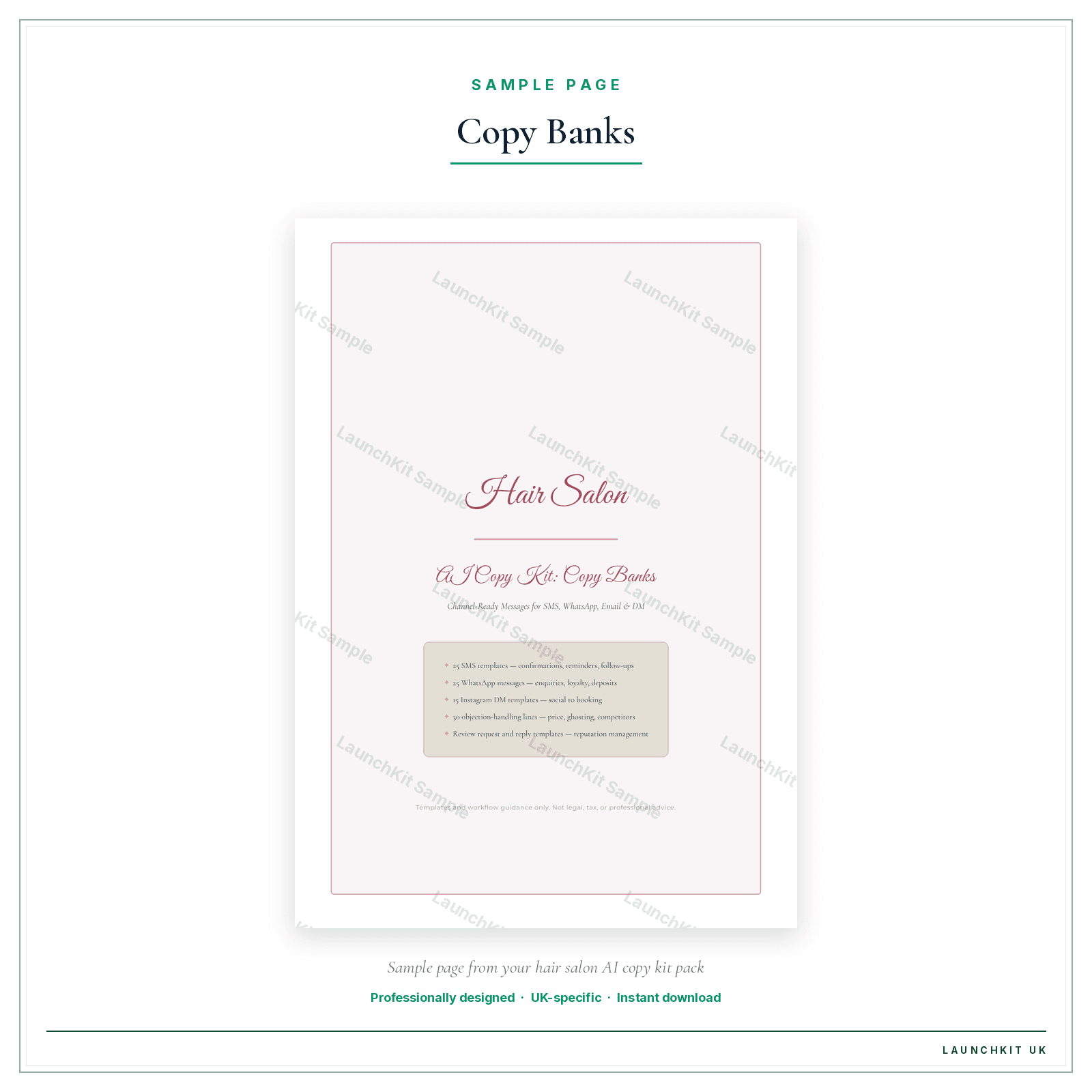 Copy Banks sample page from the Hair Salon AI Copy Kit pack — watermarked LaunchKit Sample
