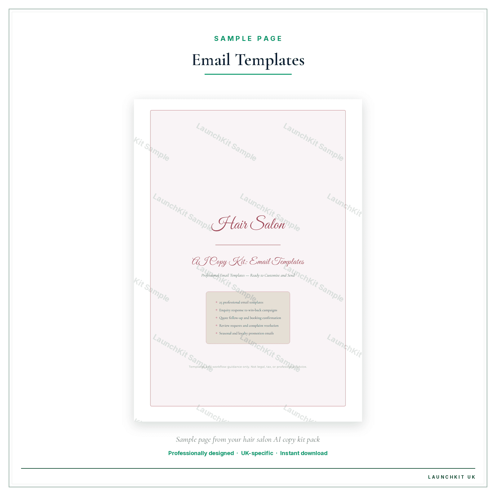 Email Templates sample page from the Hair Salon AI Copy Kit pack — watermarked LaunchKit Sample